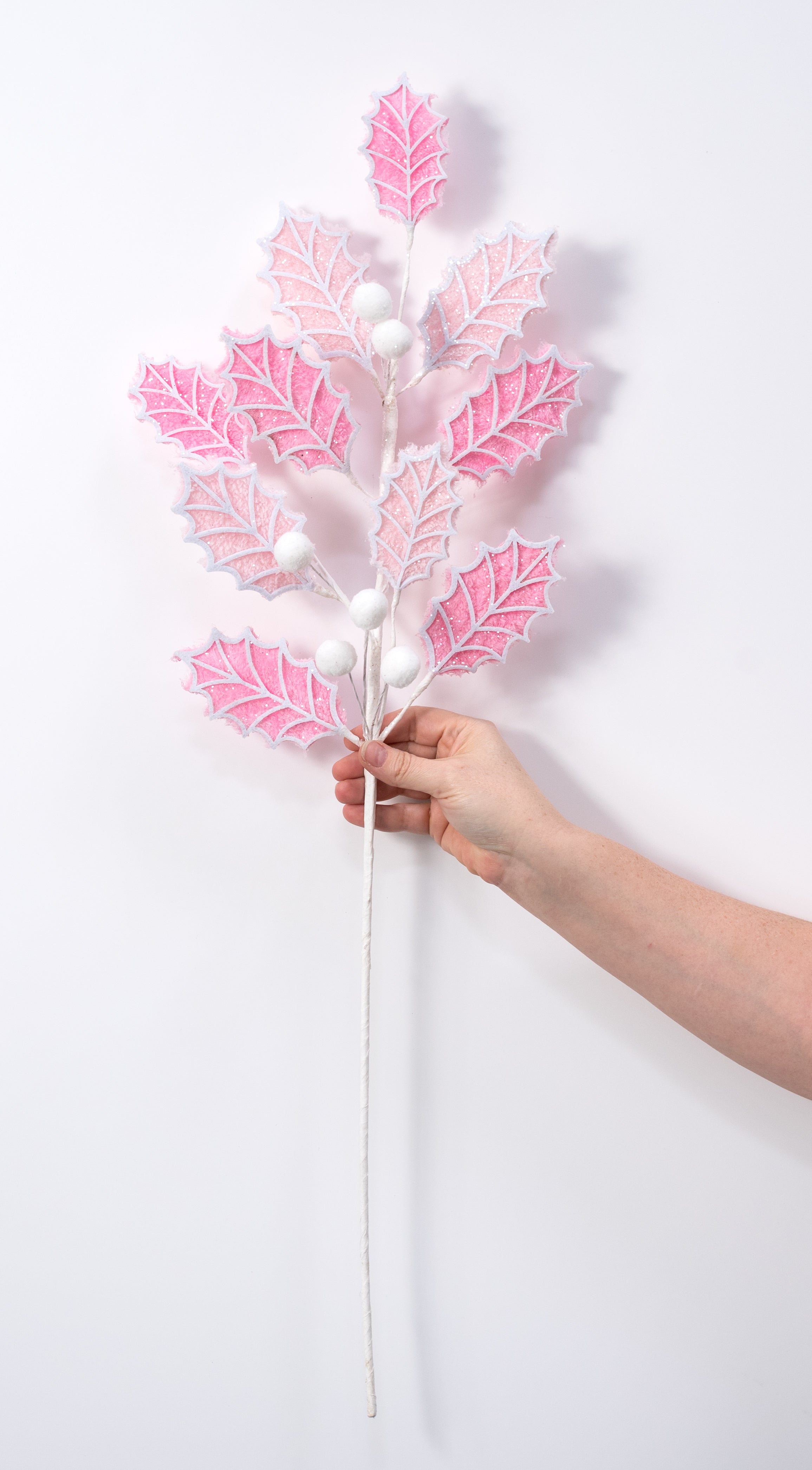 31" Holly Leaves & Balls Spray: Pink & White