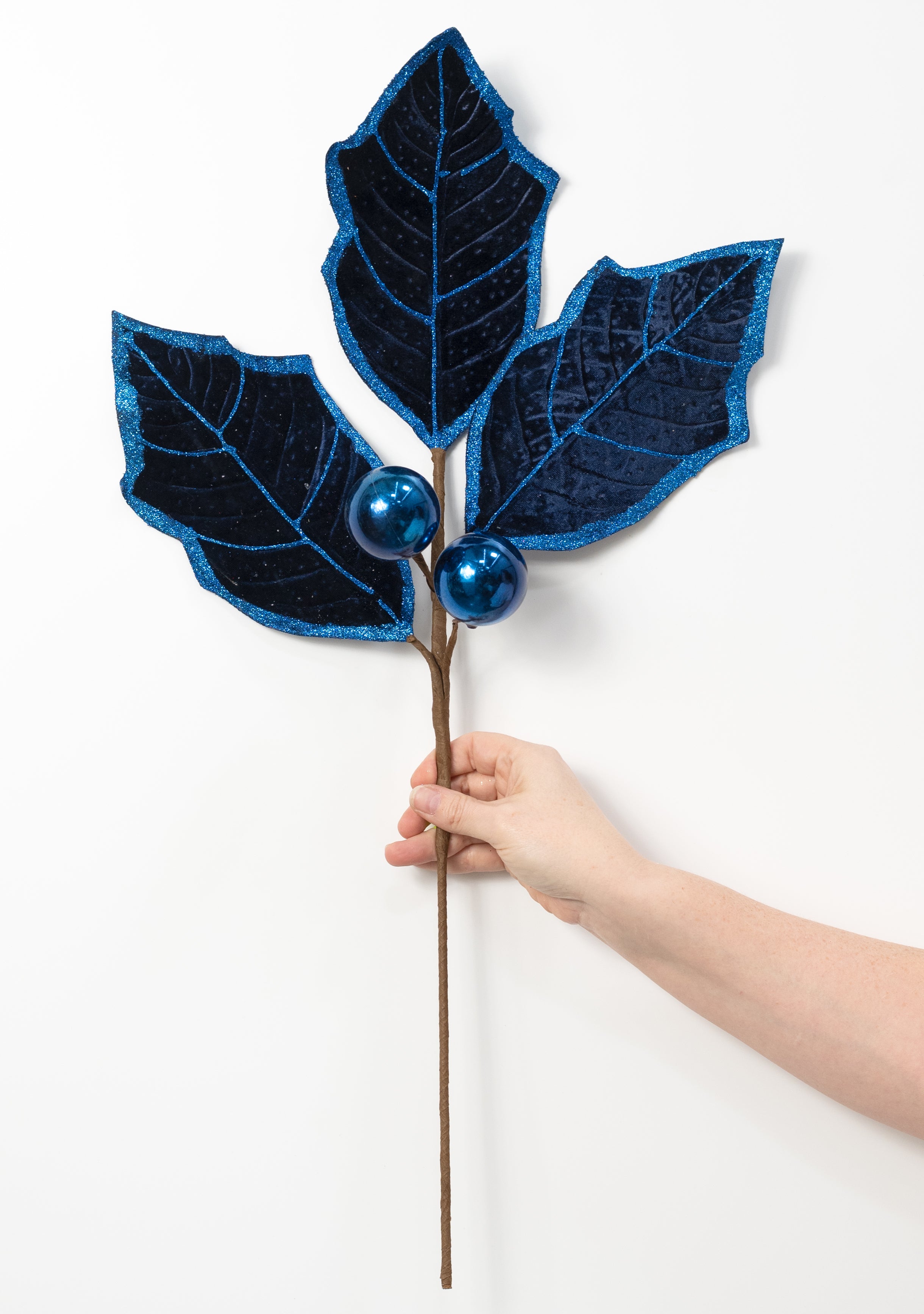 30" Velvet Holly Leaves Spray: Navy Blue