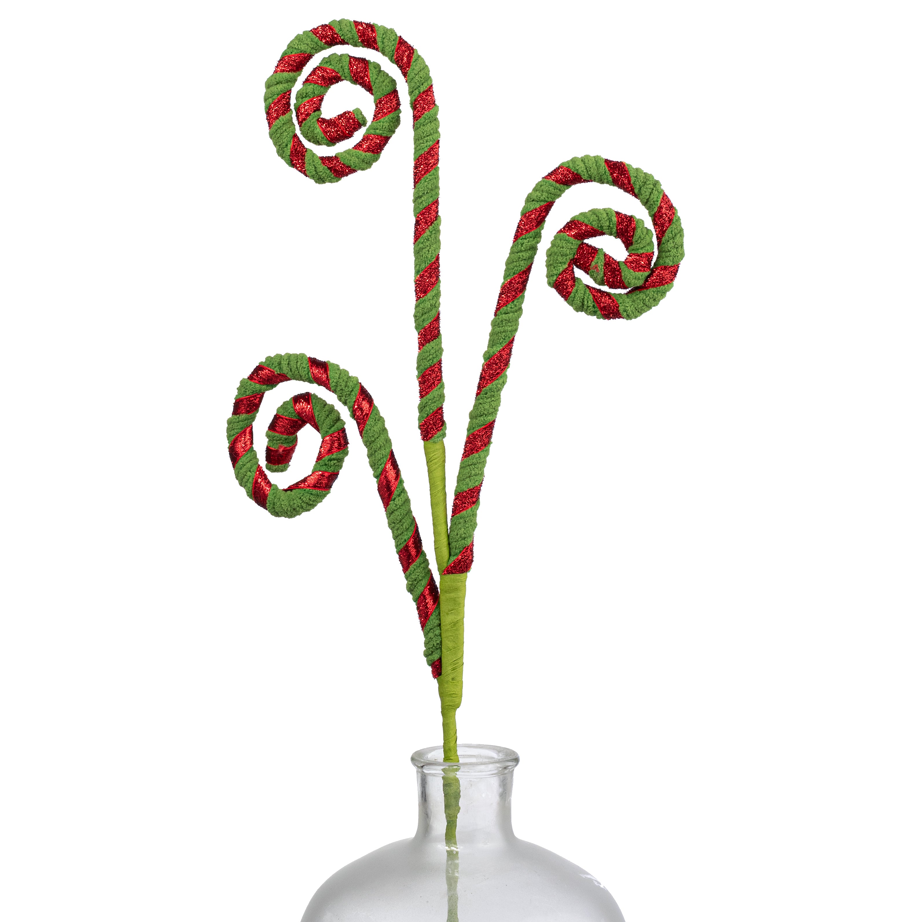 28" Chenille Stripes Curly Spray: Green & Red
