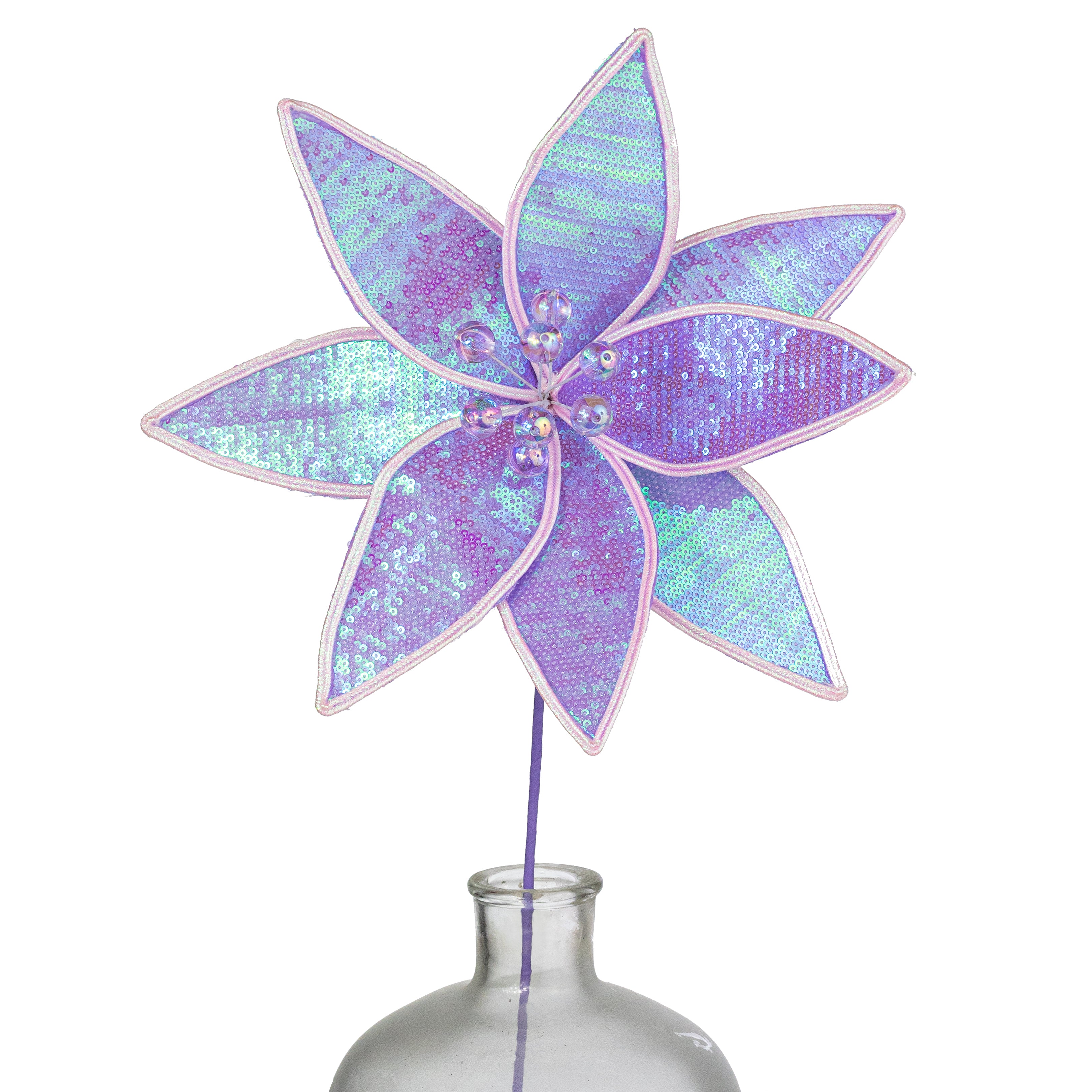 23" Iridescent Sequin Poinsettia Stem: Lavender