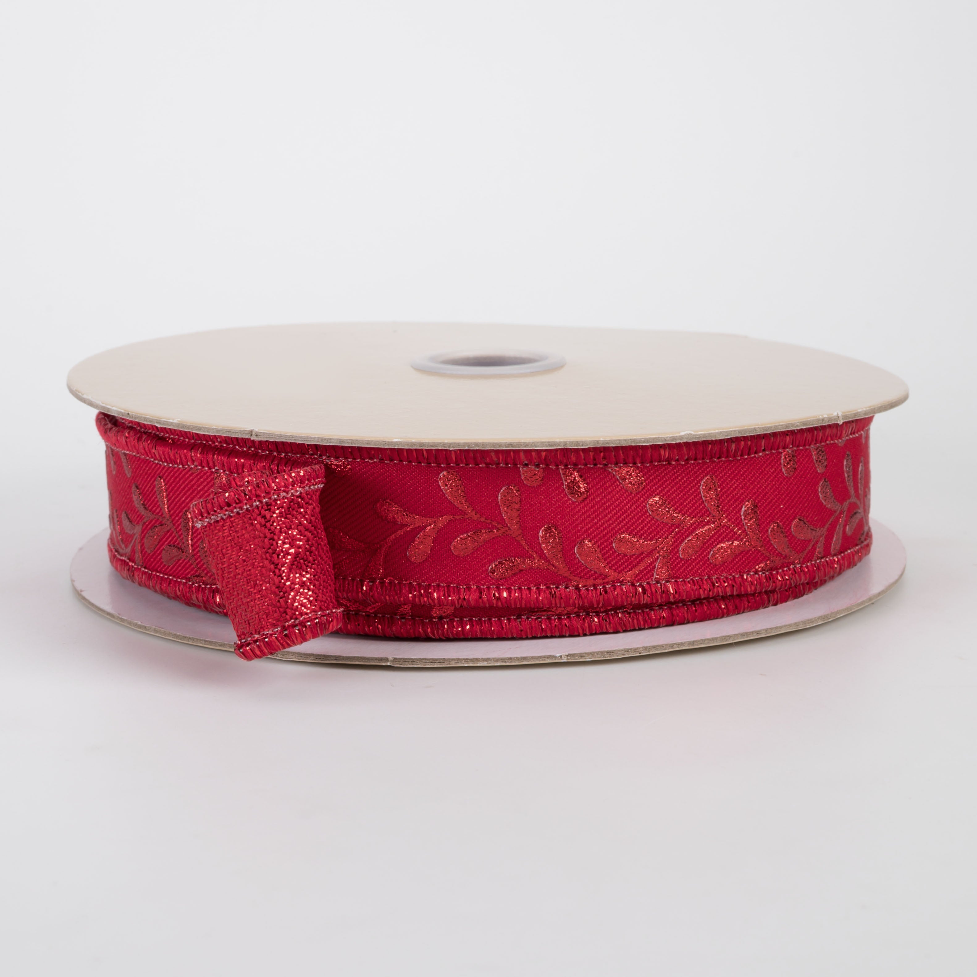 7/8" Double Sided Fused Foil Leaf Garland Ribbon: Red on Red (10 Yards)
