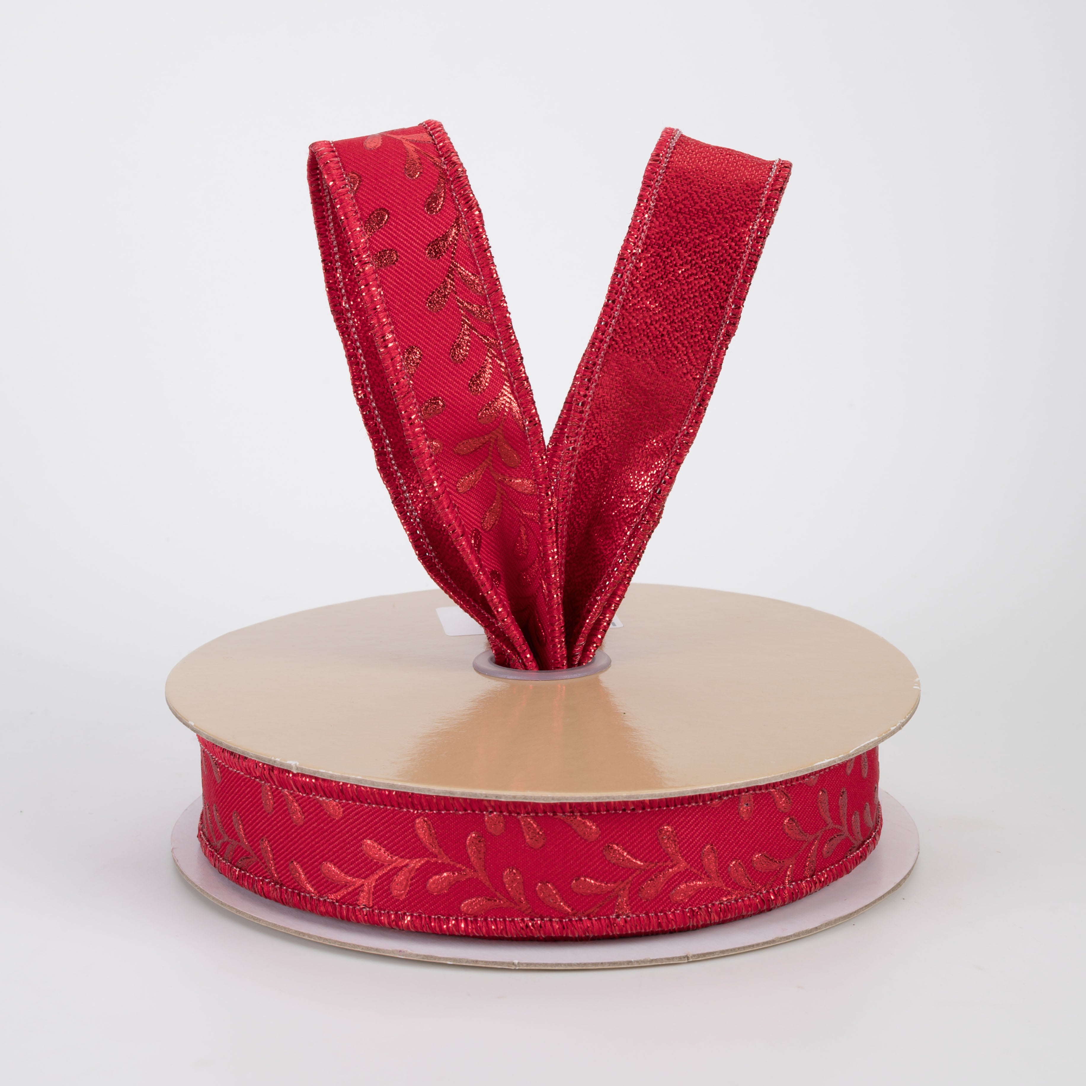 7/8" Double Sided Fused Foil Leaf Garland Ribbon: Red on Red (10 Yards)