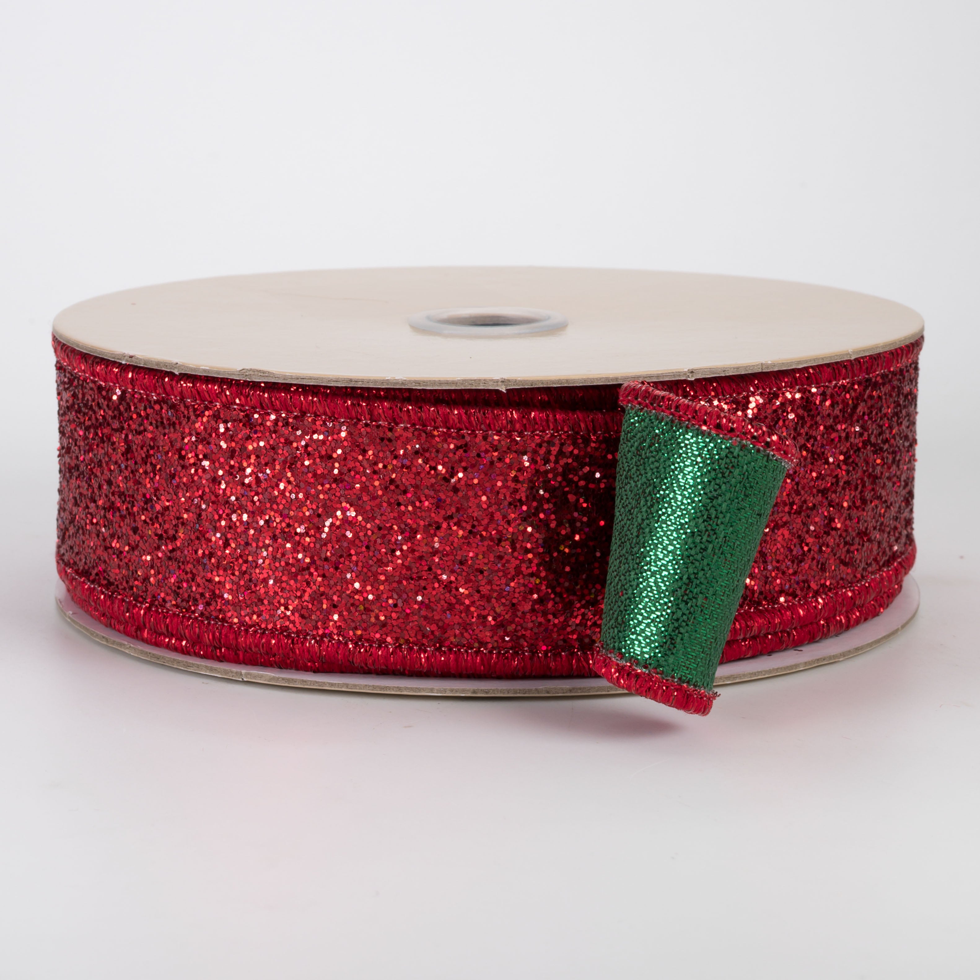 1.5" Double Sided Fused Laser Glitter Ribbon: Red & Emerald Green (10 Yards)