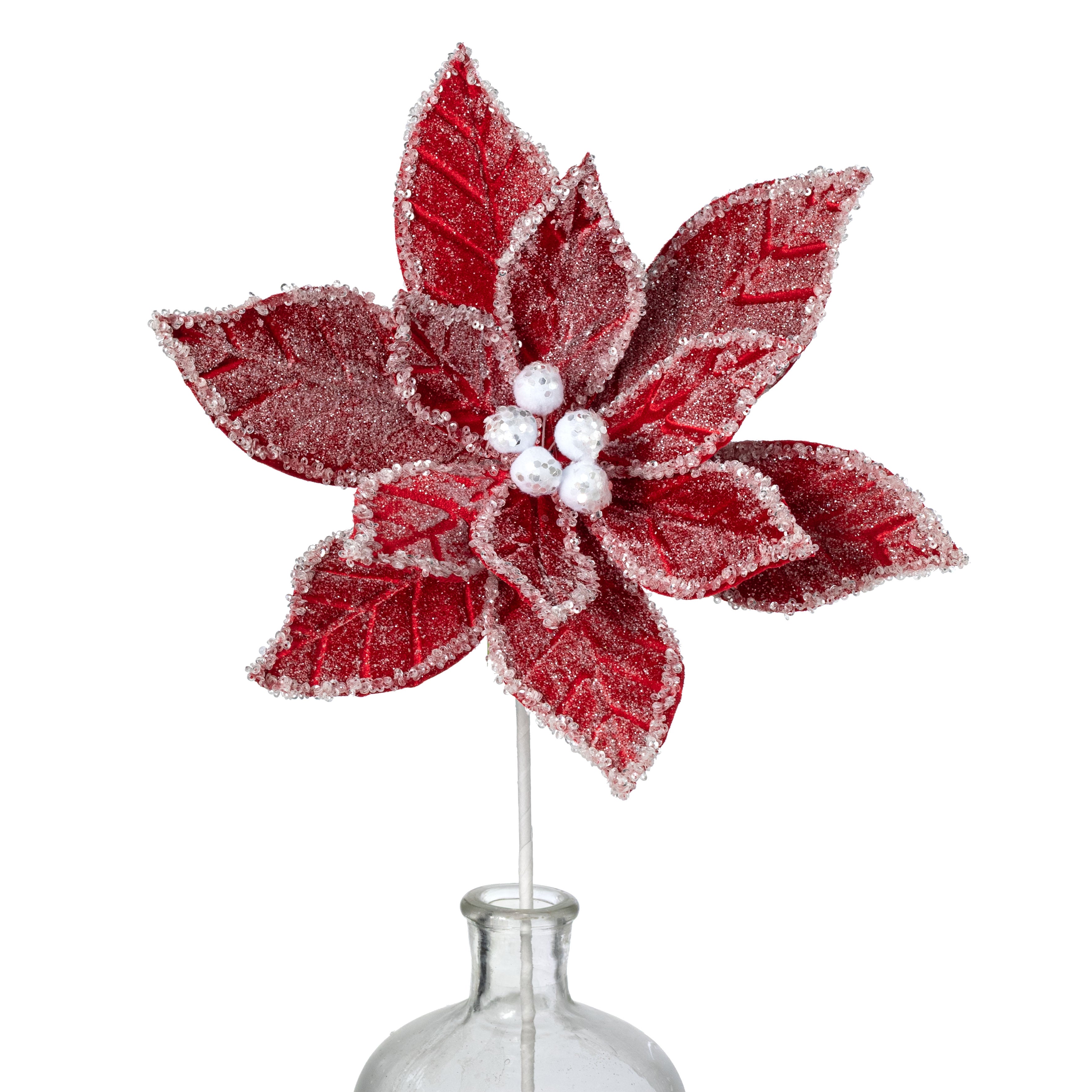 18" Icy Poinsettia Stem: Red & White