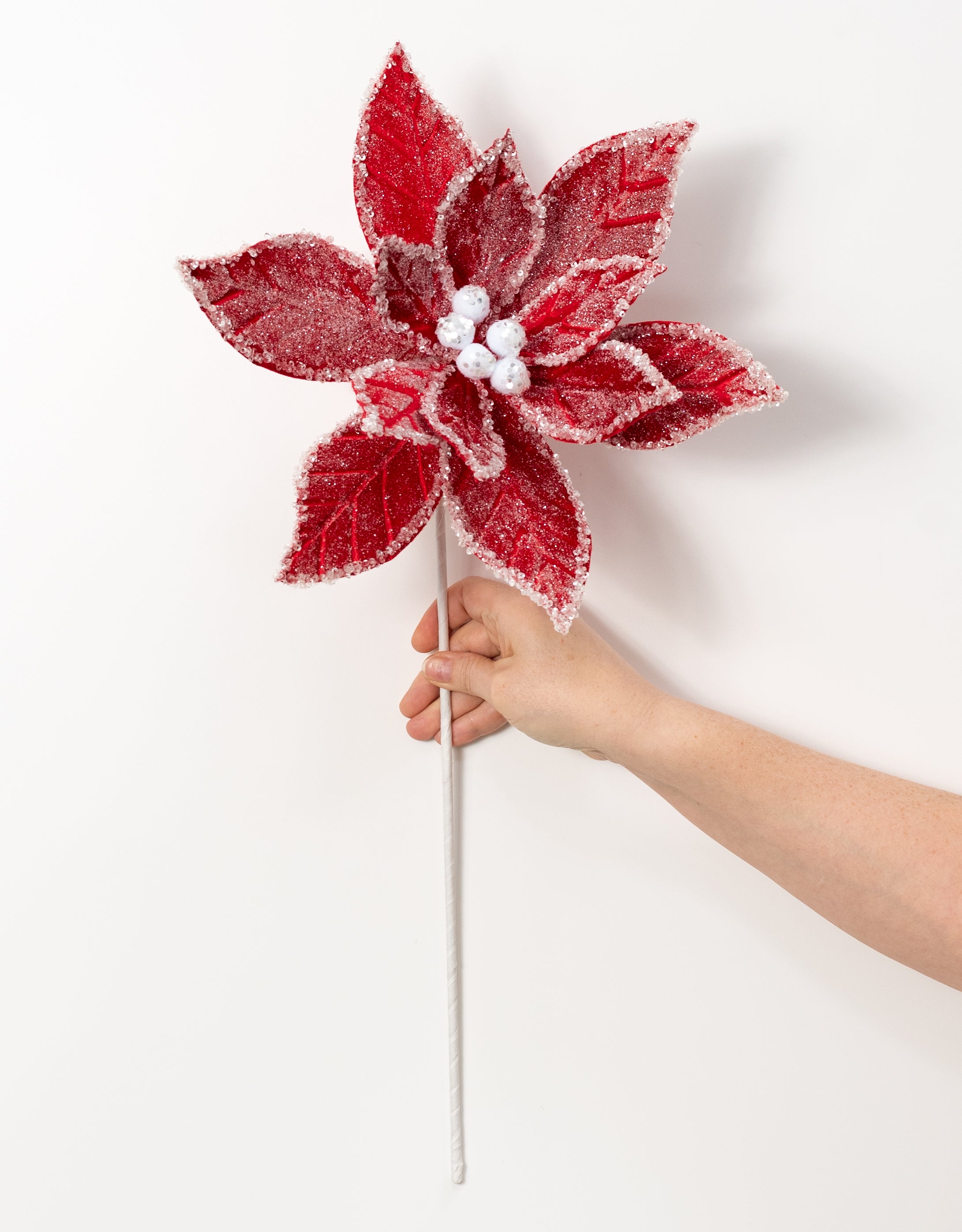 18" Icy Poinsettia Stem: Red & White