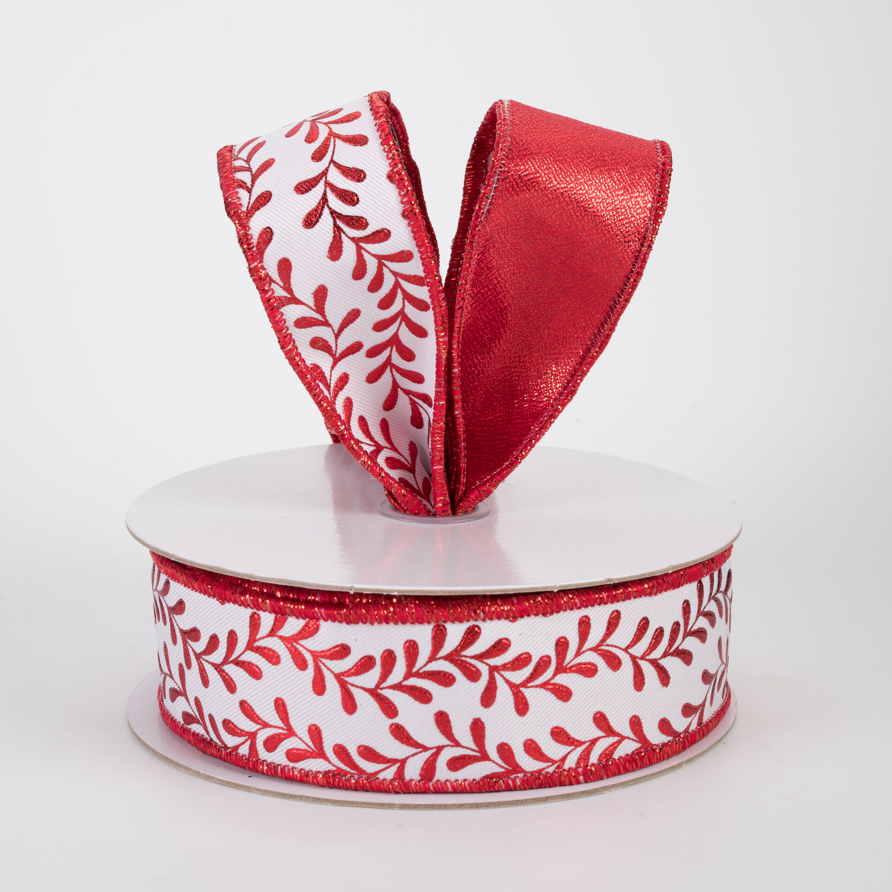 1.5" Double Sided Fused Foil Leaf Garland Ribbon: Red on White (10 Yards)
