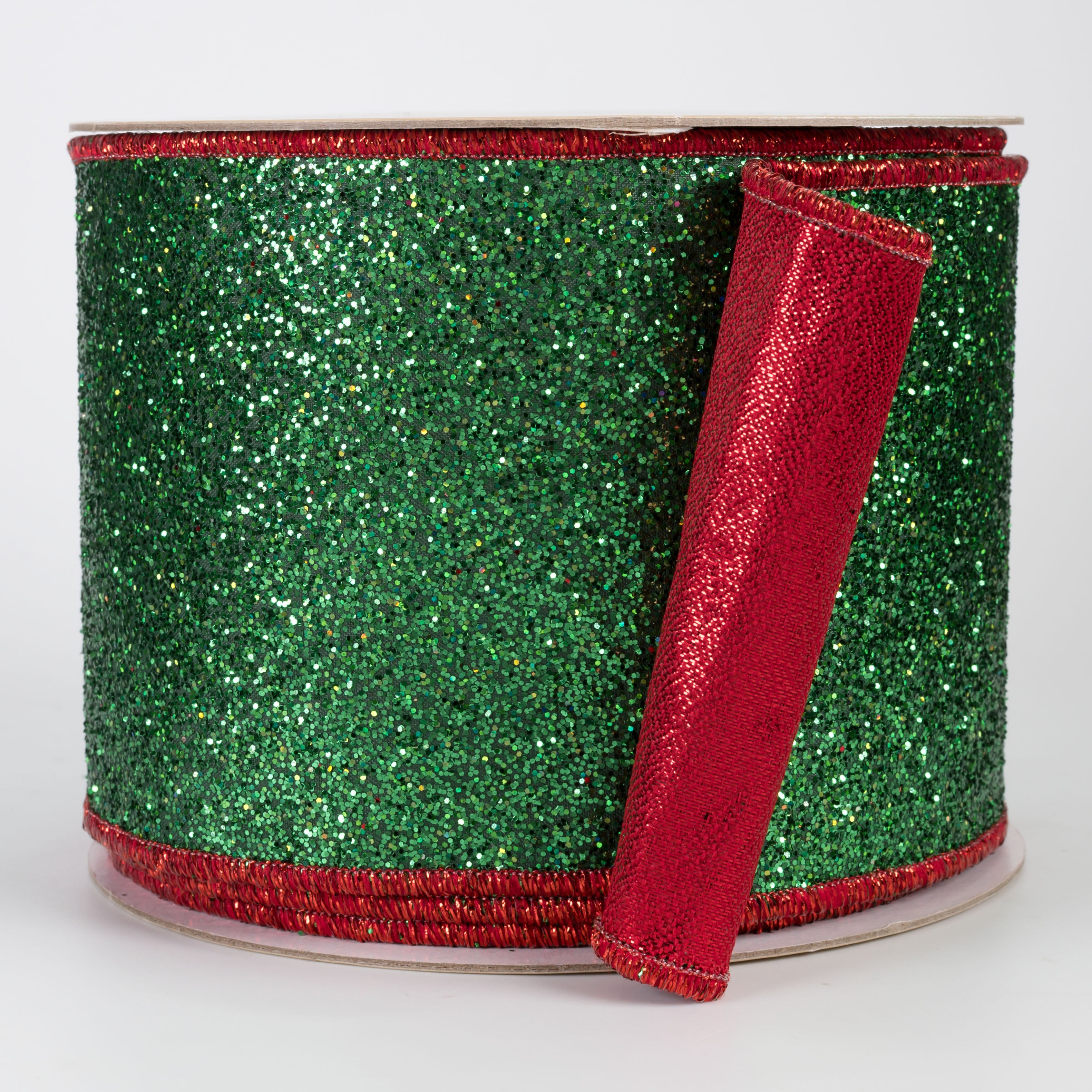 4" Double Sided Fused Laser Glitter Ribbon: Emerald Green & Red (10 Yards)