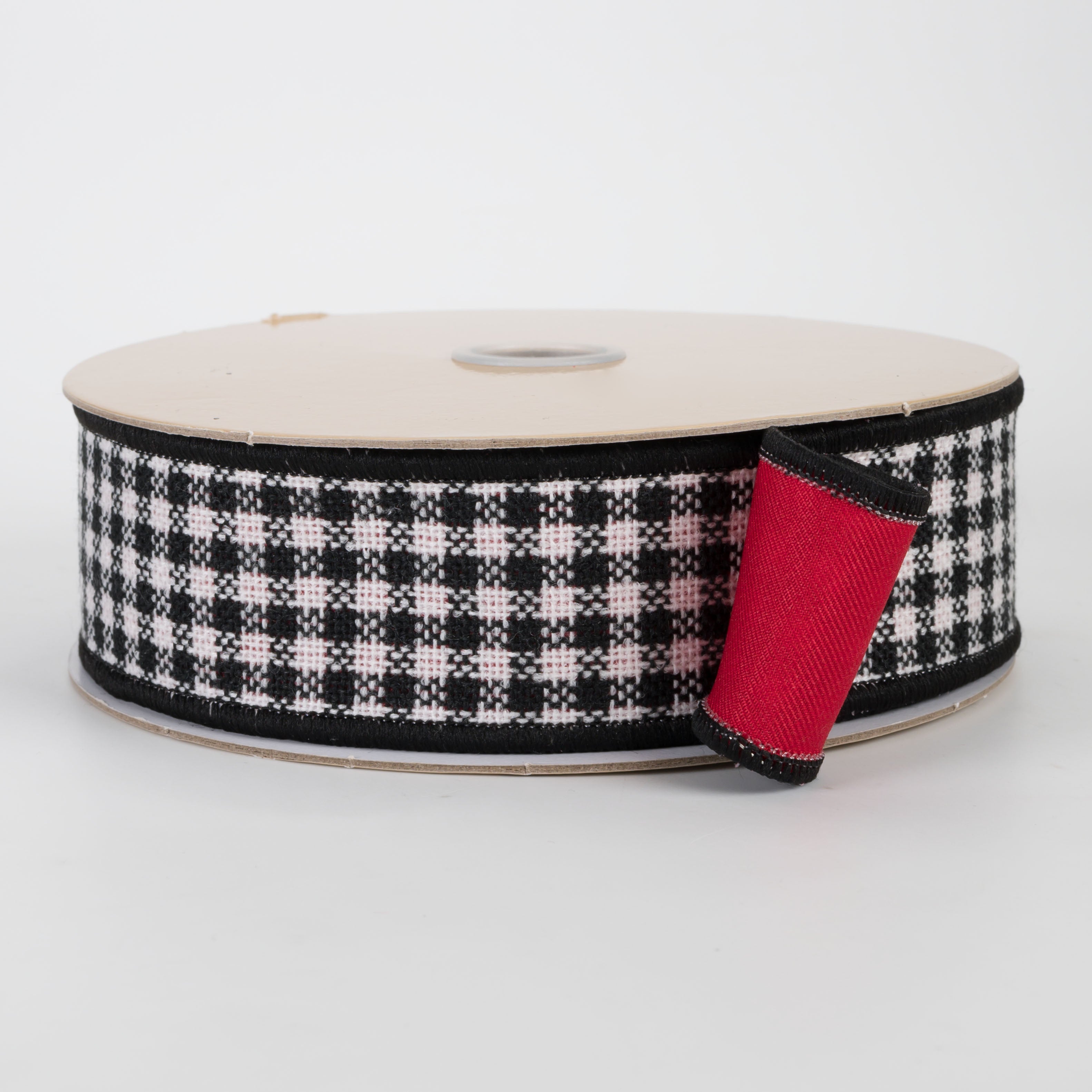 1.5" Double Sided Fused Mini Check Ribbon: Black, White & Red (10 Yards)