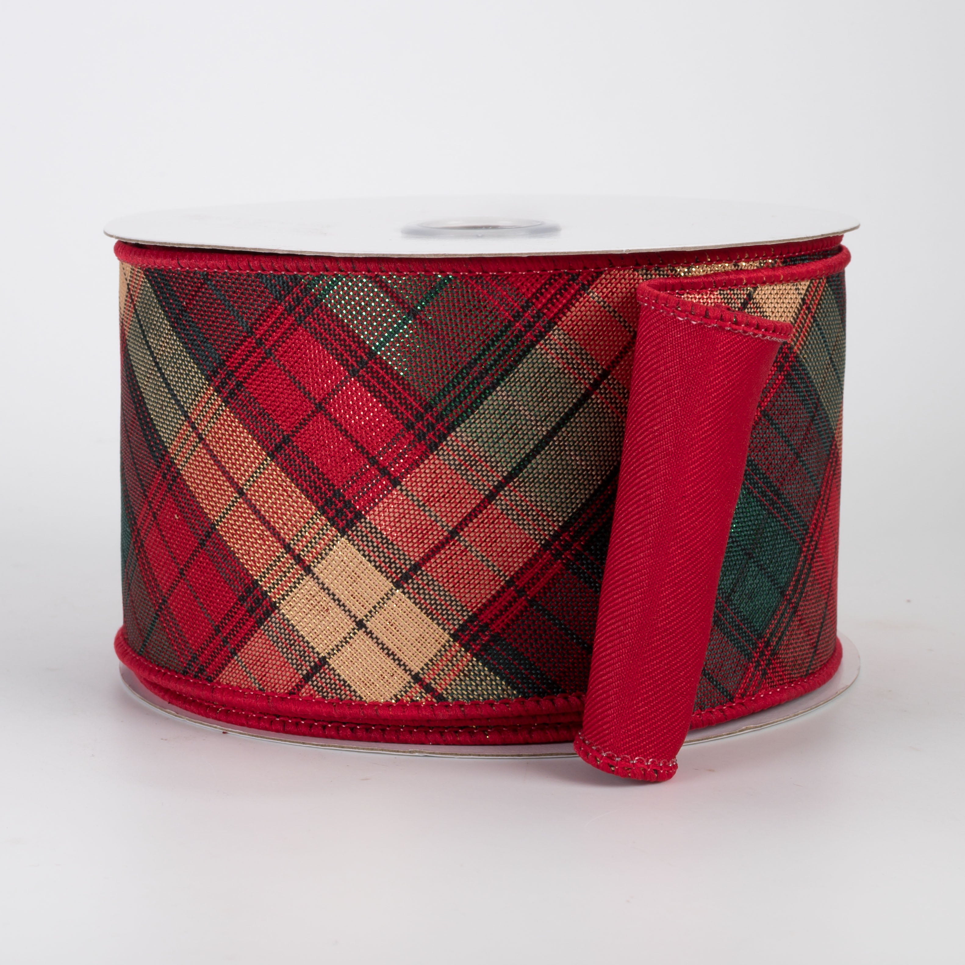 2.5" Two Sided Diagonal Plaid & Solid Ribbon: Metallic Christmas Plaid (10 Yards)