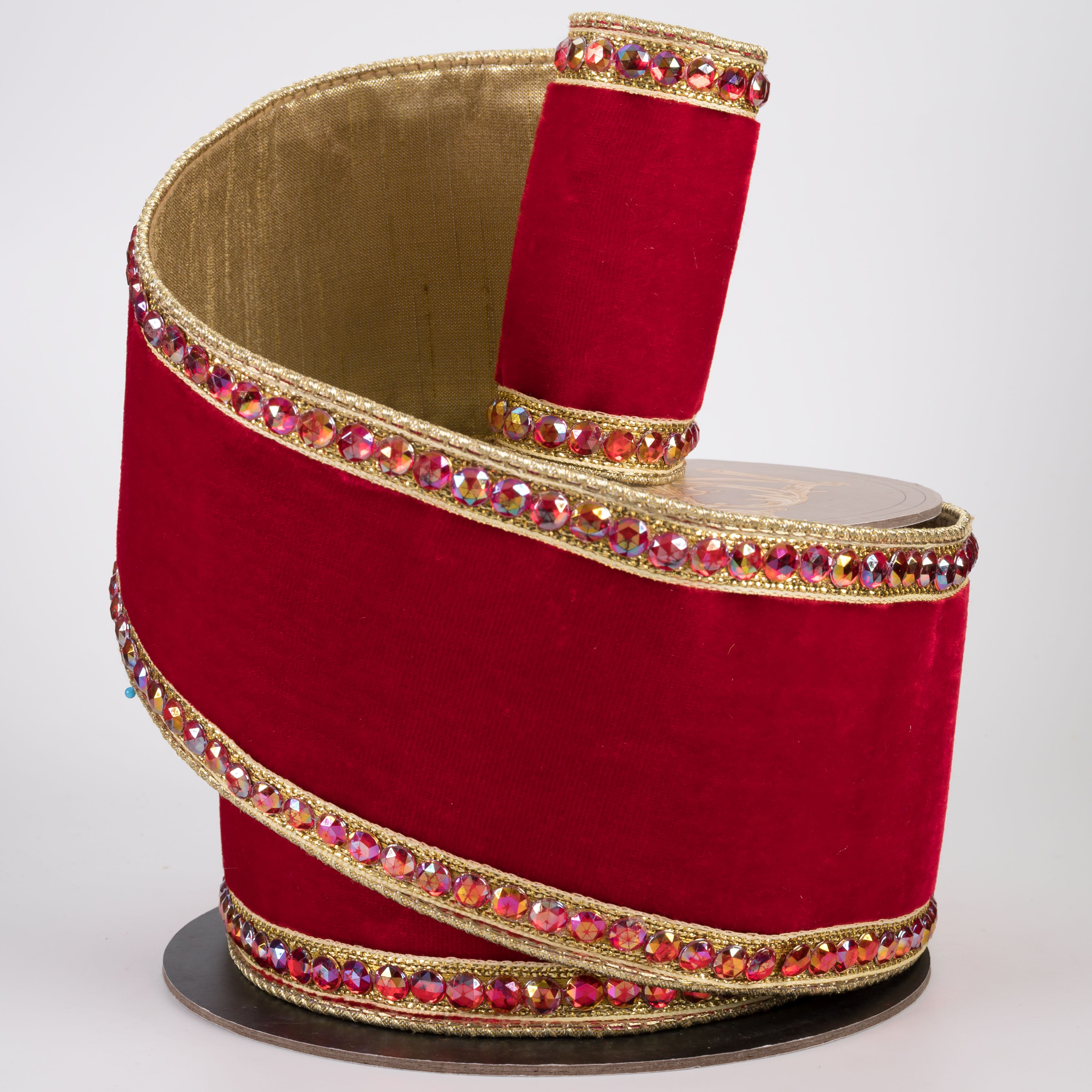 [D Stevens] 2.5" Jeweled Trim Velvet Gold Back Ribbon: Red (5 Yards)