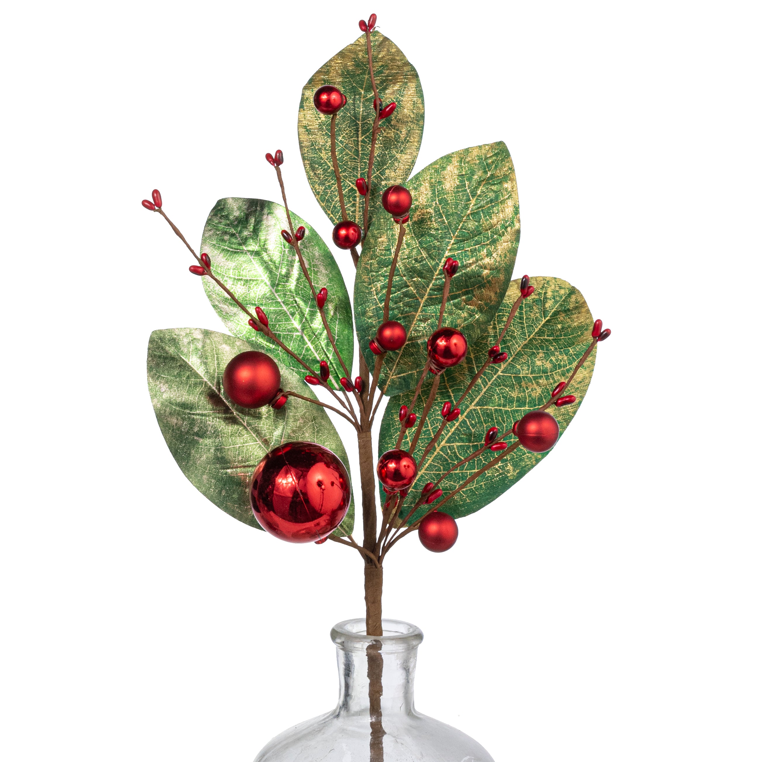 18" Metallic Magnolia Leaves & Balls Spray