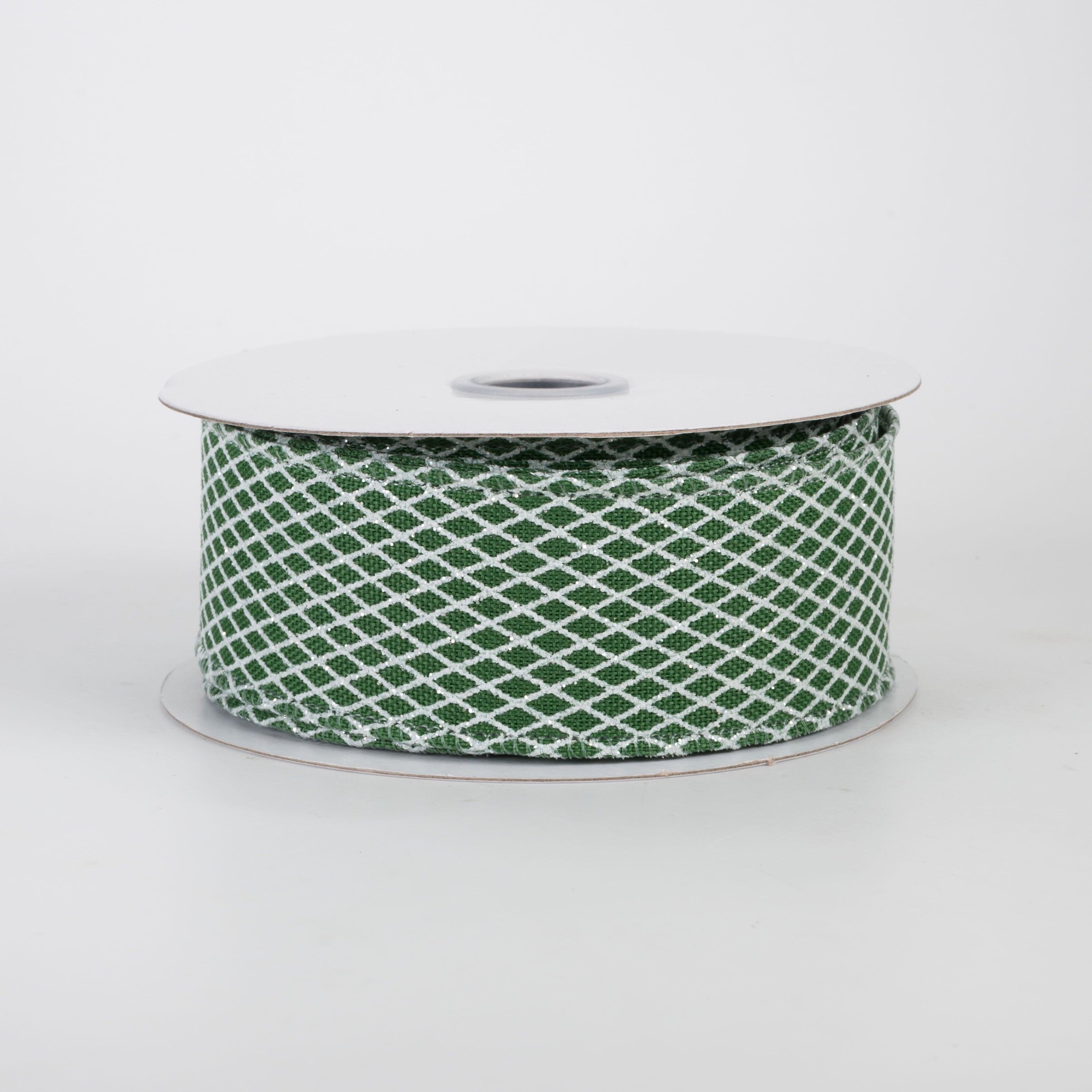 1.5" Mini Glitter Harlequin Ribbon: White on Emerald Green (10 Yards)