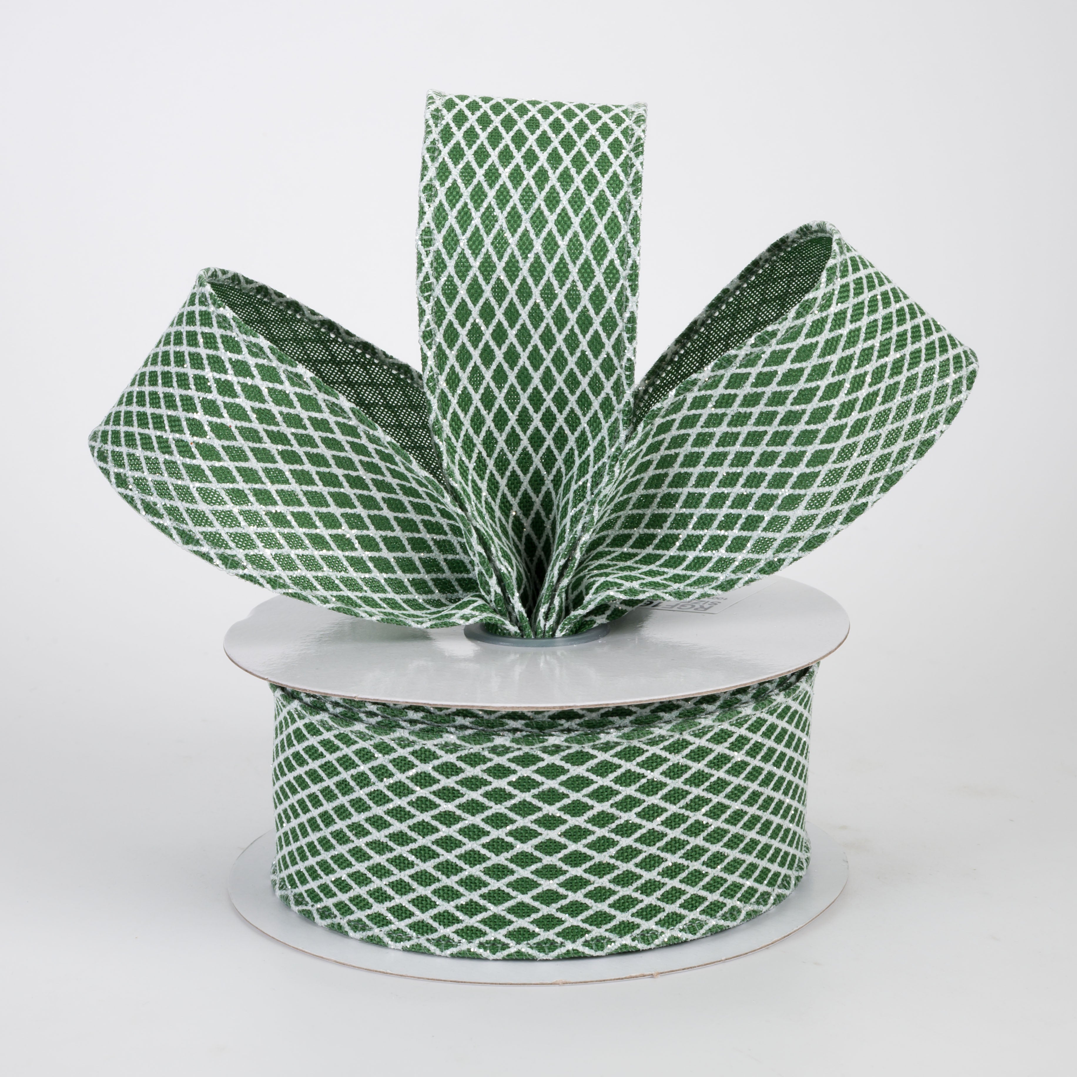 1.5" Mini Glitter Harlequin Ribbon: White on Emerald Green (10 Yards)