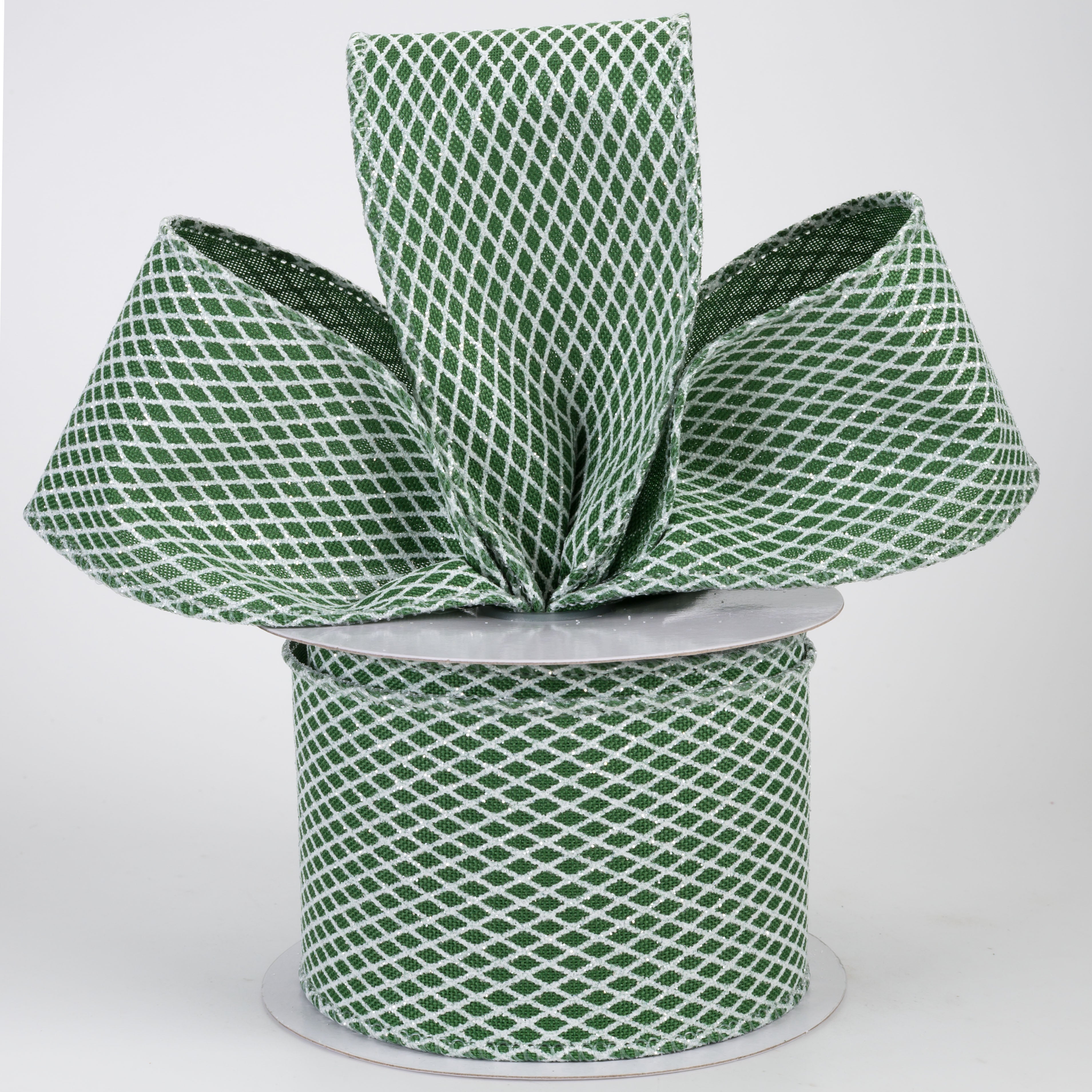 2.5" Mini Glitter Harlequin Ribbon: White on Emerald Green (10 Yards)