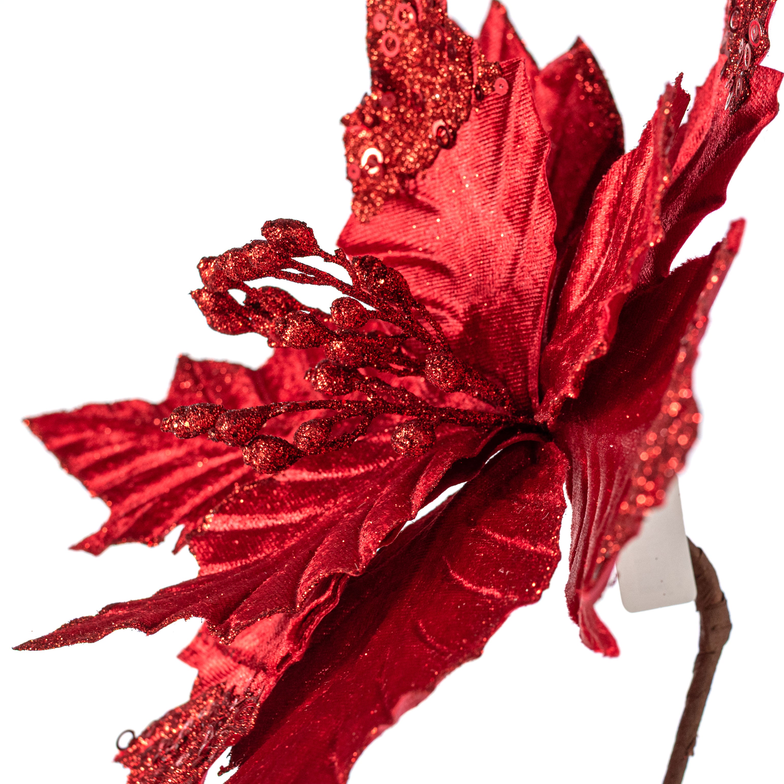 13" x 18" Velvet Sequined Poinsettia Stem: Red