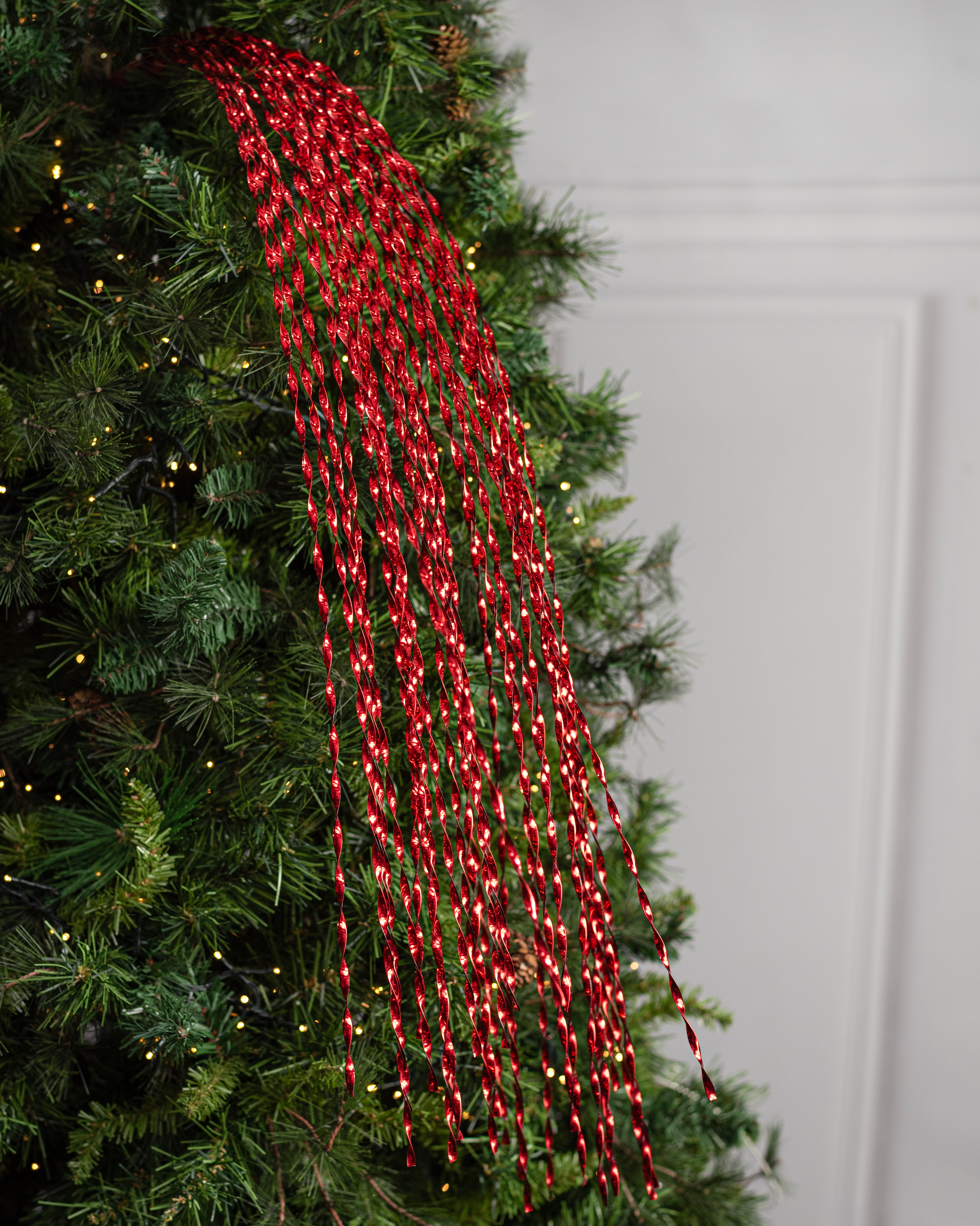 50" Spiraling Hanging Tinsel Spray: Metallic Red