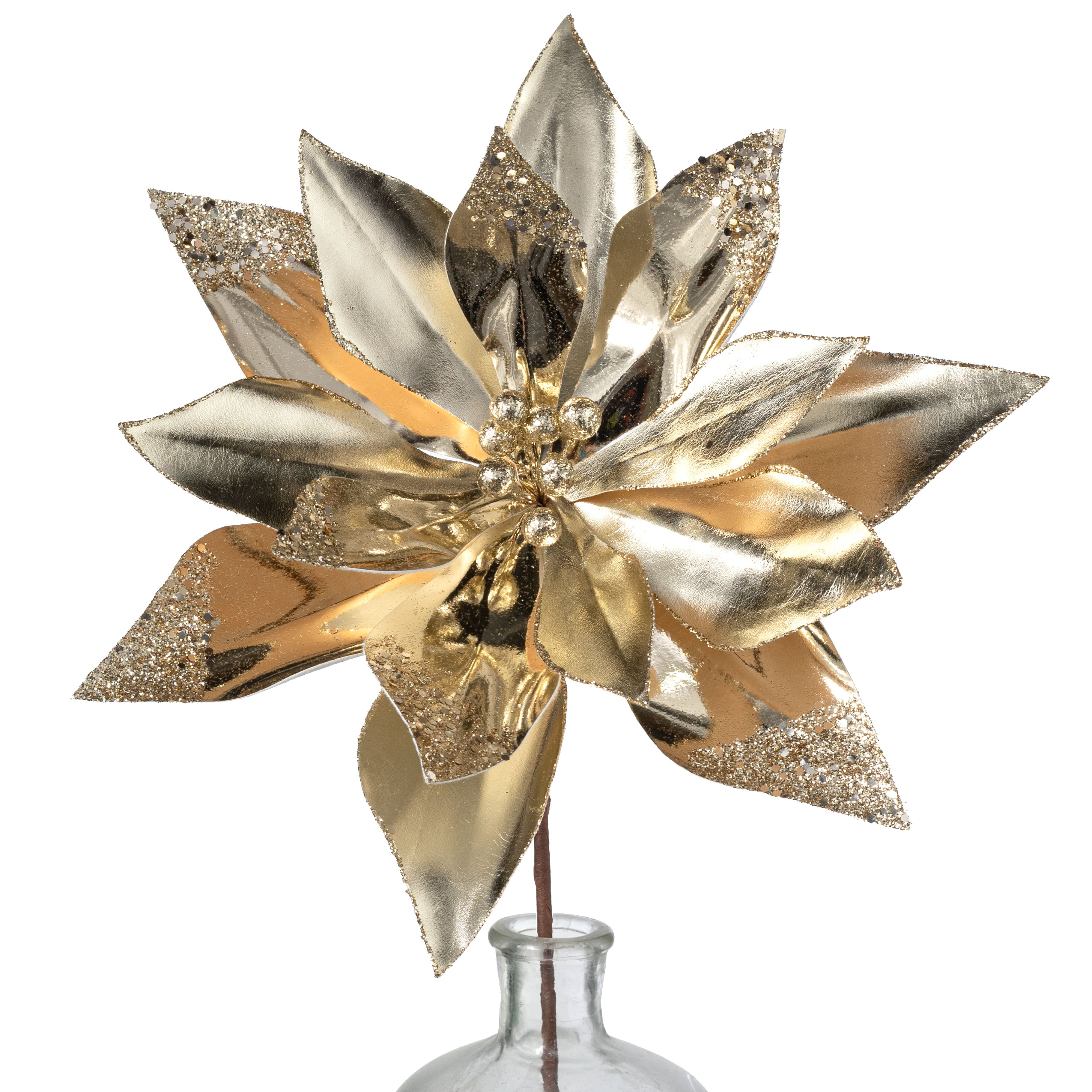 13" x 24" Metallic Glittered Poinsettia Stem: Champagne Gold