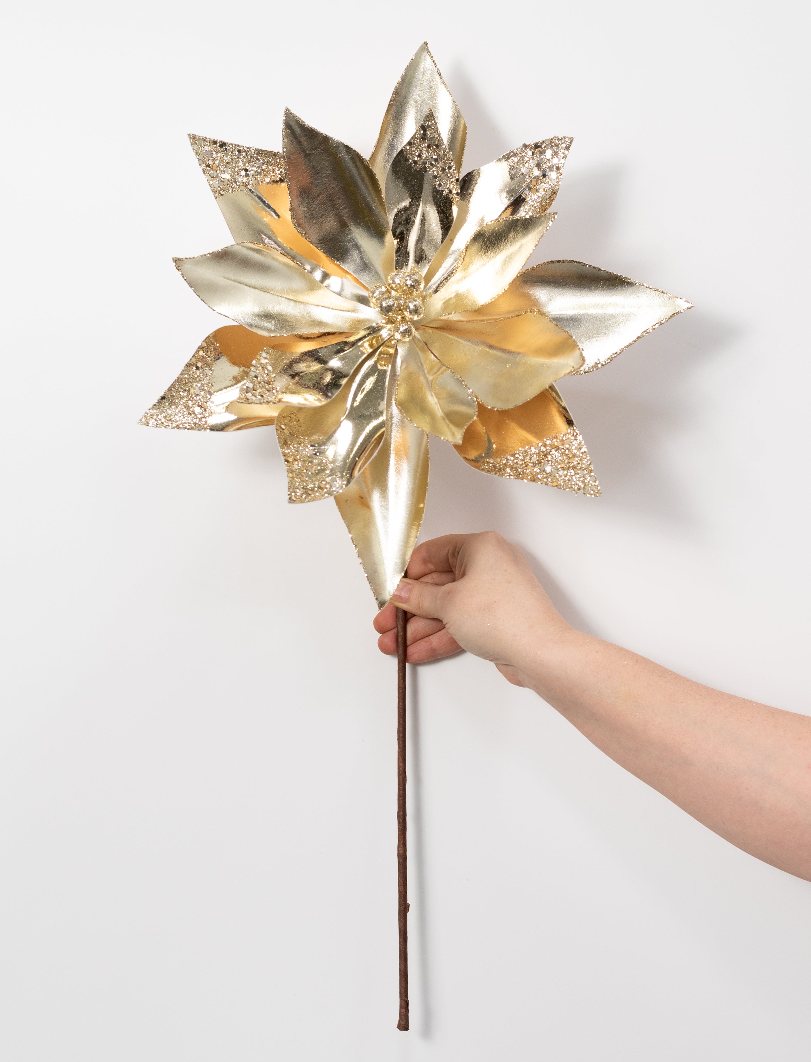 13" x 24" Metallic Glittered Poinsettia Stem: Champagne Gold