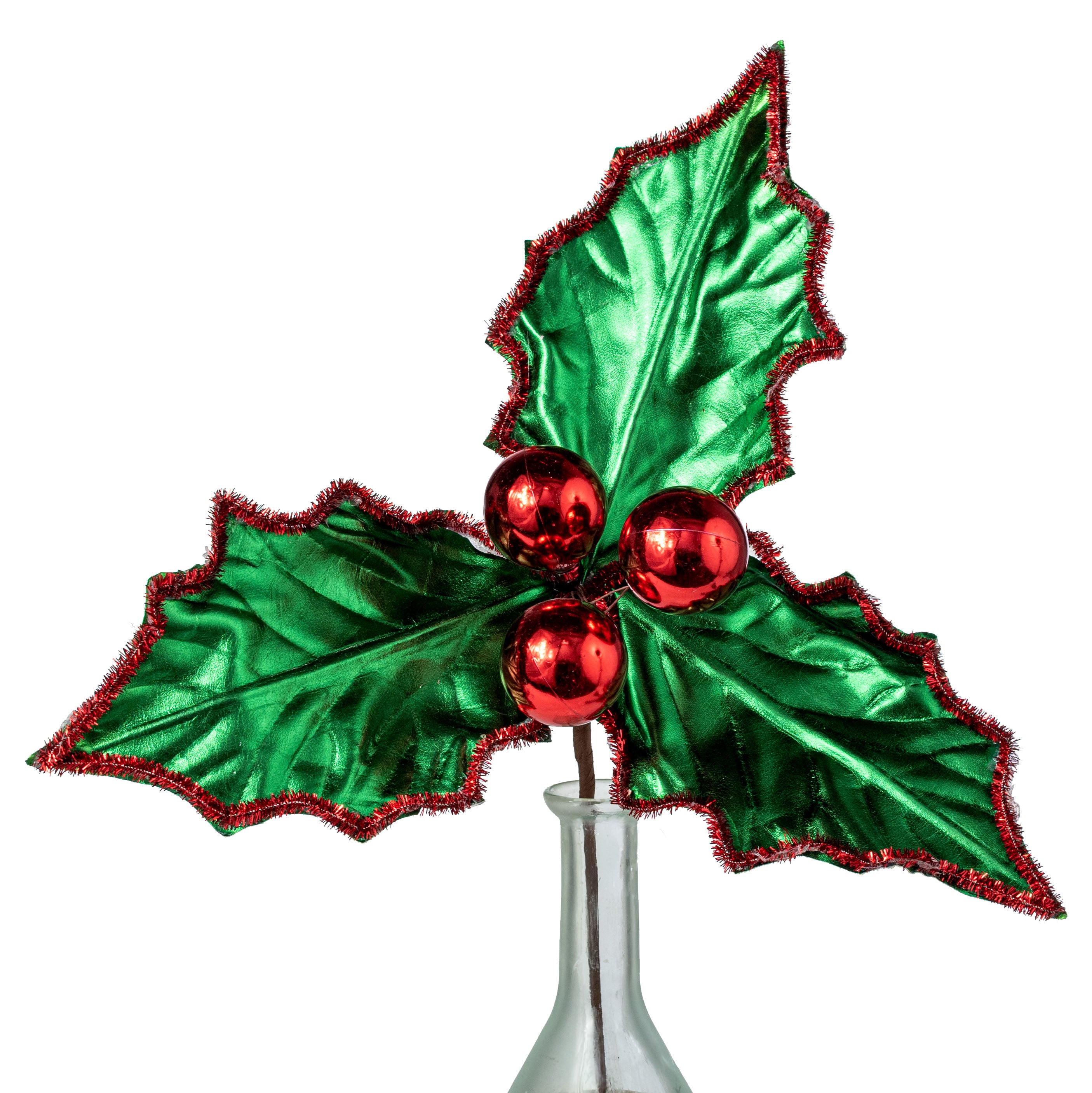 16" Metallic Holly Leaves & Berries Pick: Green