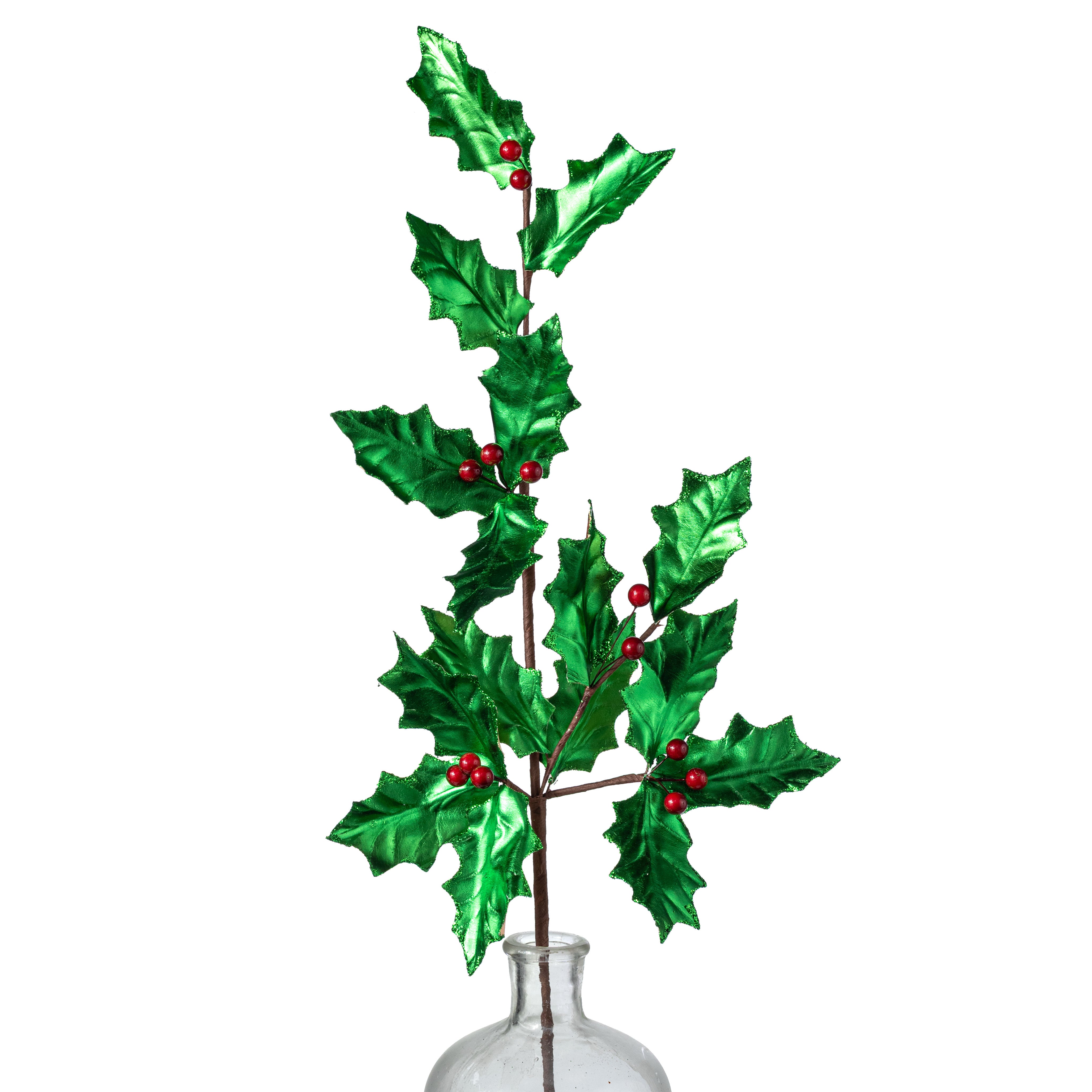 30" Metallic Holly Leaves & Berries Spray: Green