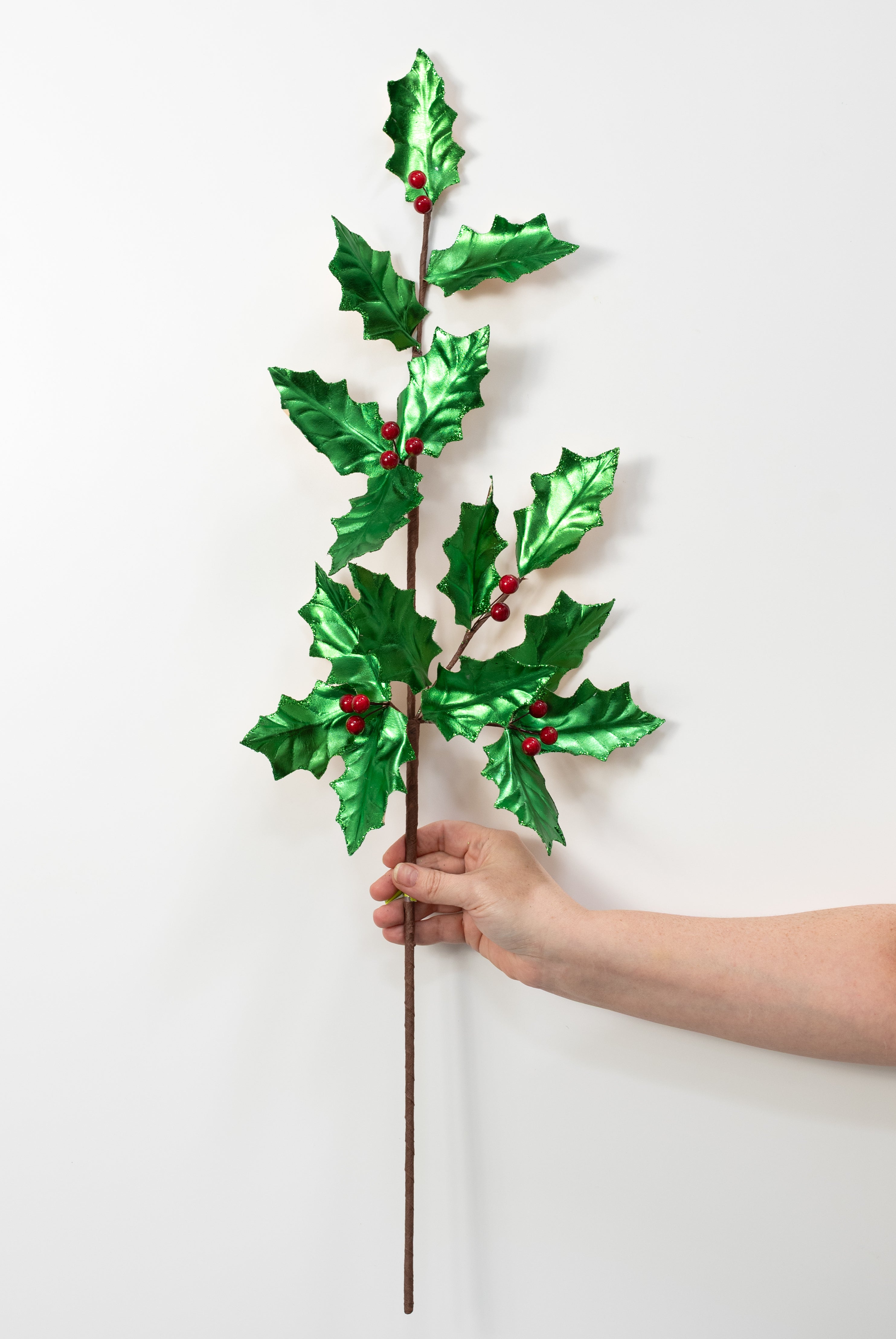 30" Metallic Holly Leaves & Berries Spray: Green