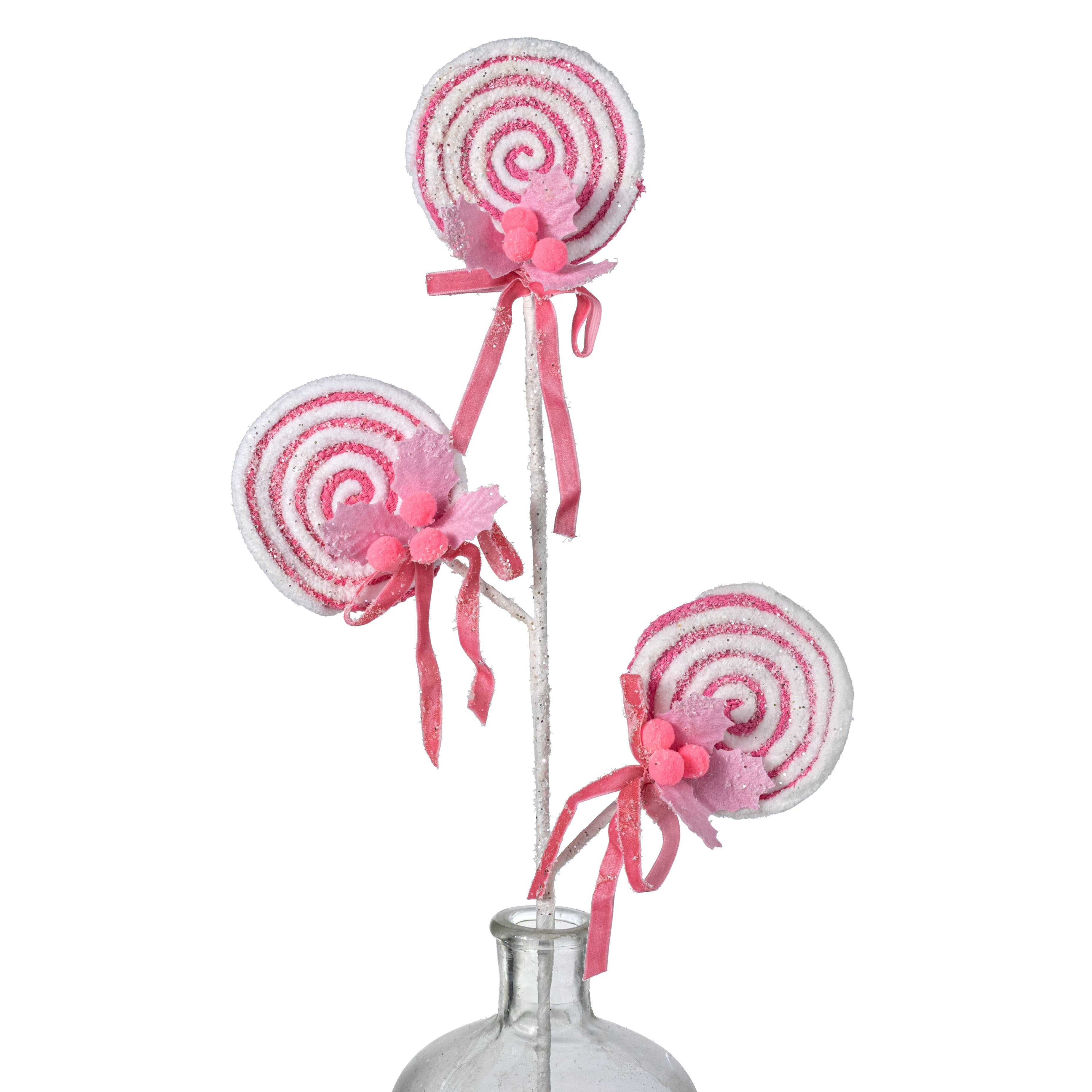 24" Chenille Frosted Lollipop Holly Spray: Pink & White