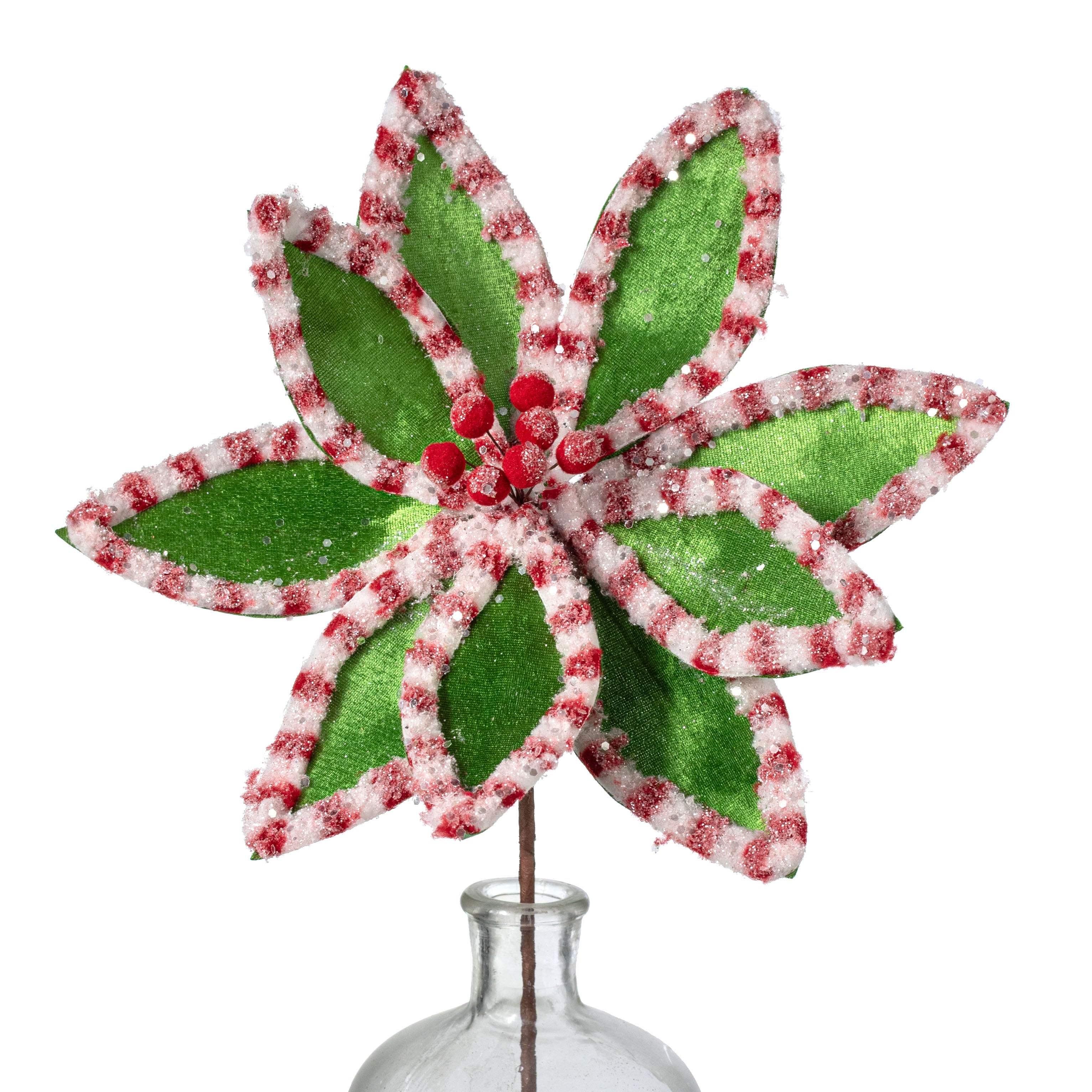 12" x 25" Velvet Stripe Edge Poinsettia Stem: Green, Red & White