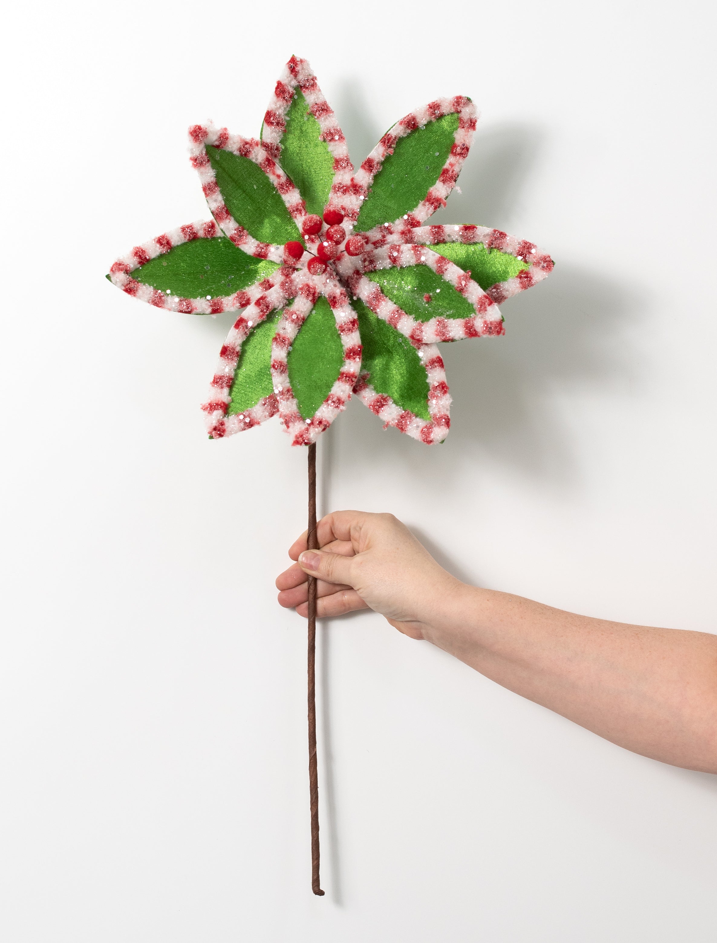 12" x 25" Velvet Stripe Edge Poinsettia Stem: Green, Red & White
