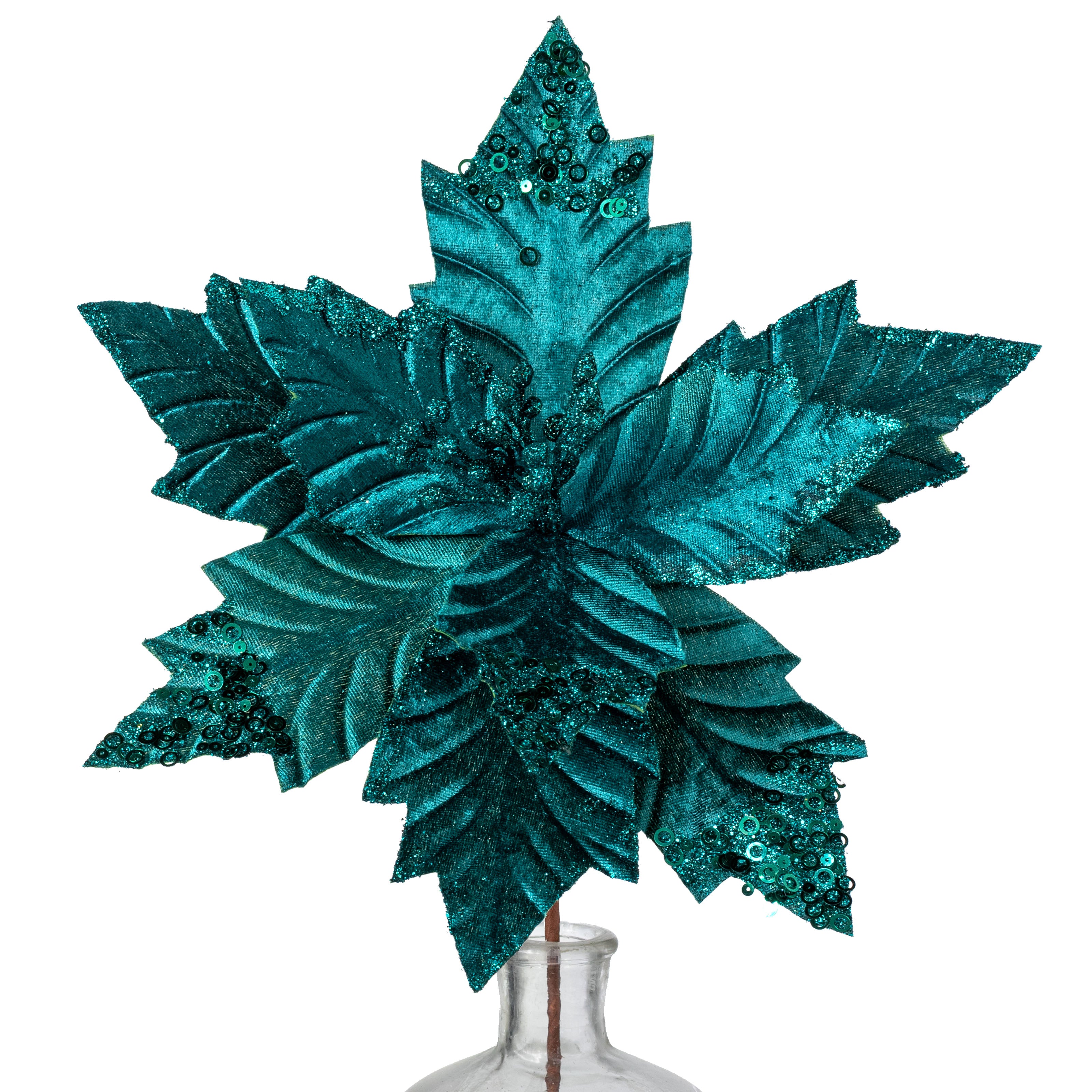 13" x 18" Velvet Sequined Poinsettia Stem: Peacock Teal