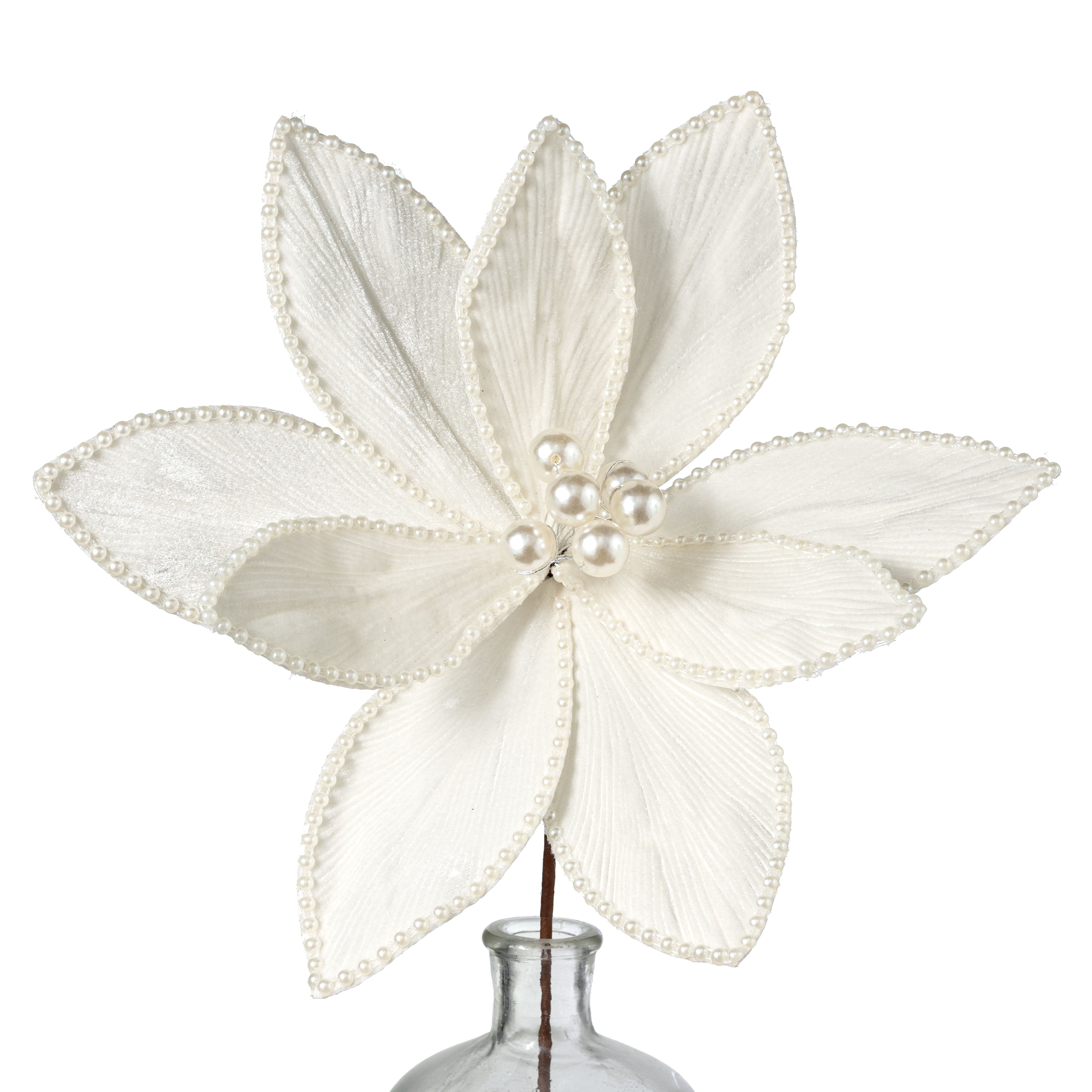14" x 25" Beaded Velvet Poinsettia & Pearls Stem: Ivory Cream