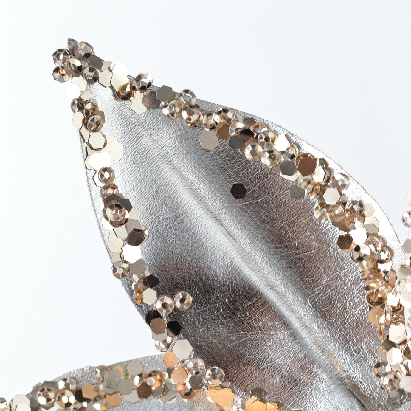 7.5" x 14" Mini Metallic Sequin Edge Poinsettia Stem: Platinum