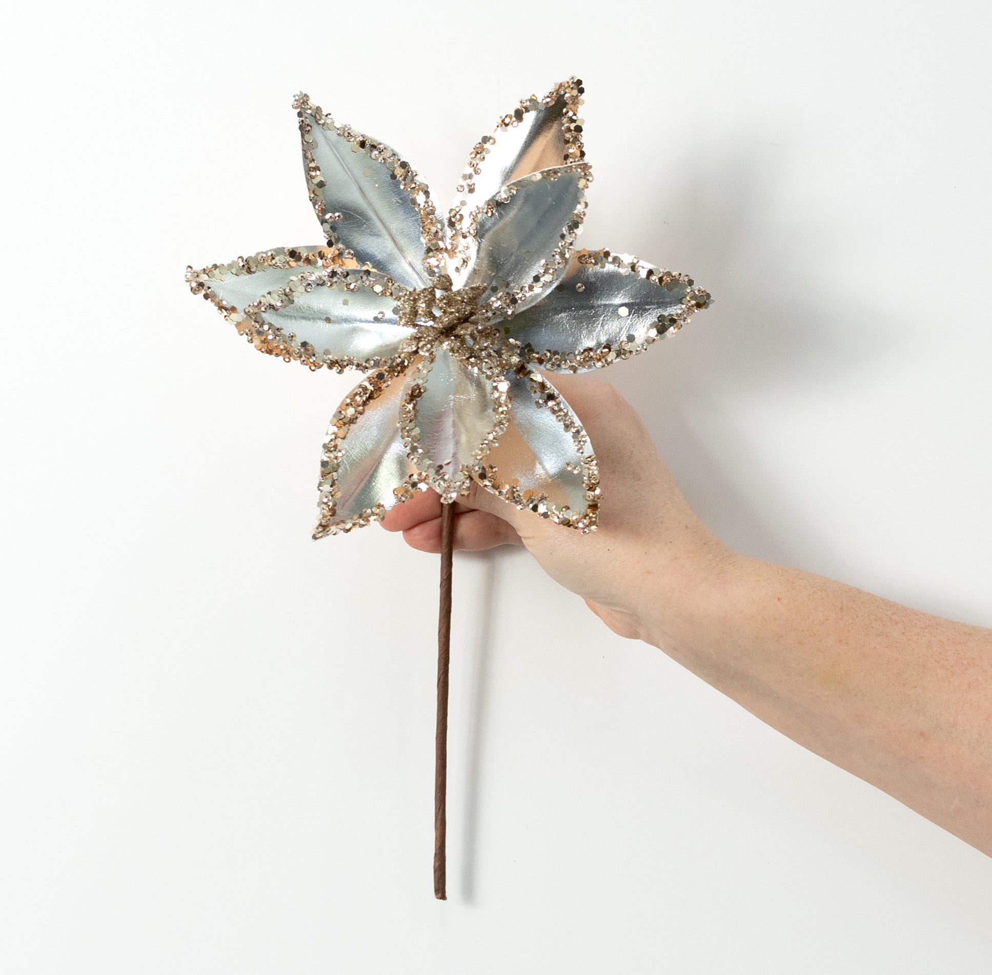 7.5" x 14" Mini Metallic Sequin Edge Poinsettia Stem: Platinum