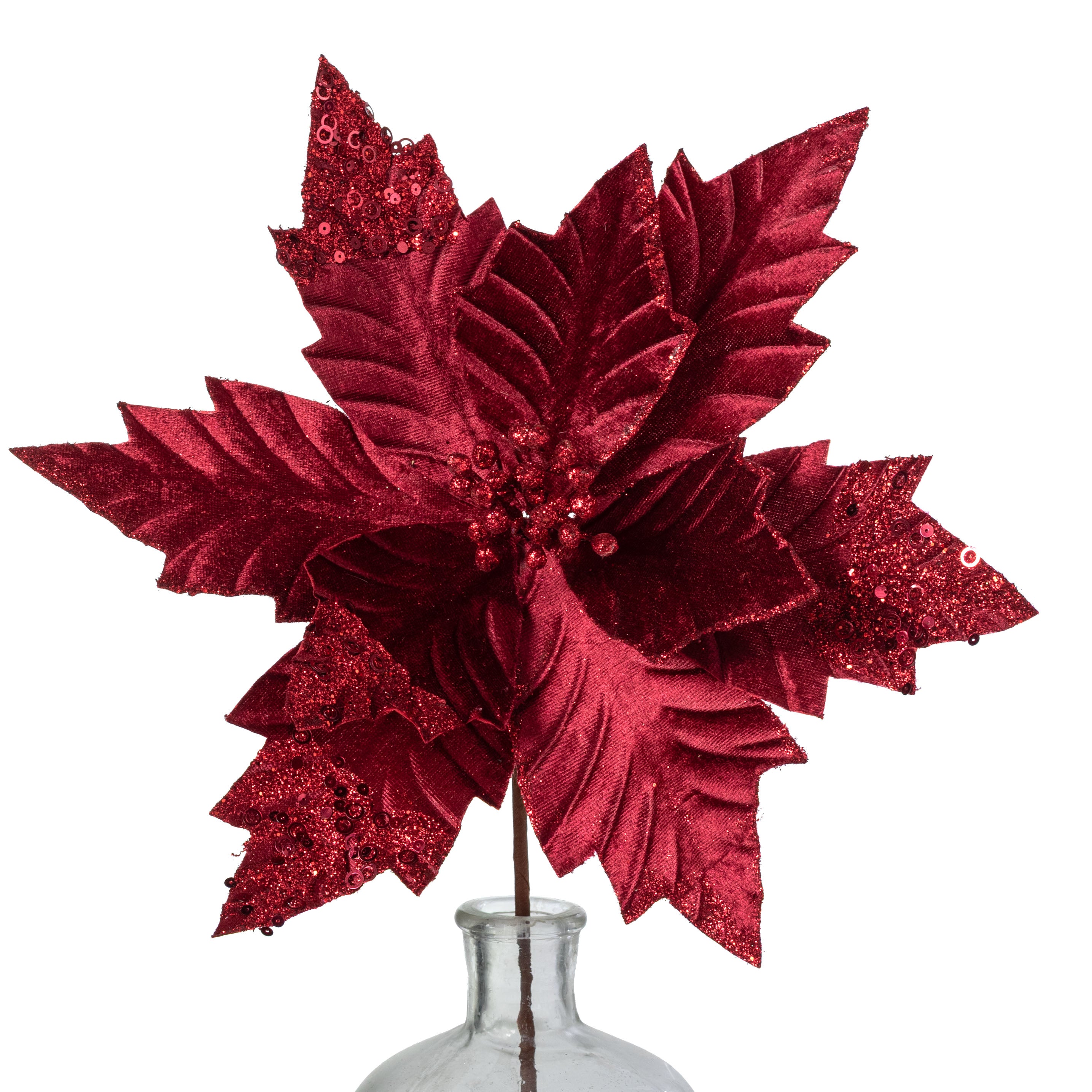 13" x 18" Velvet Sequined Poinsettia Stem: Burgundy Red