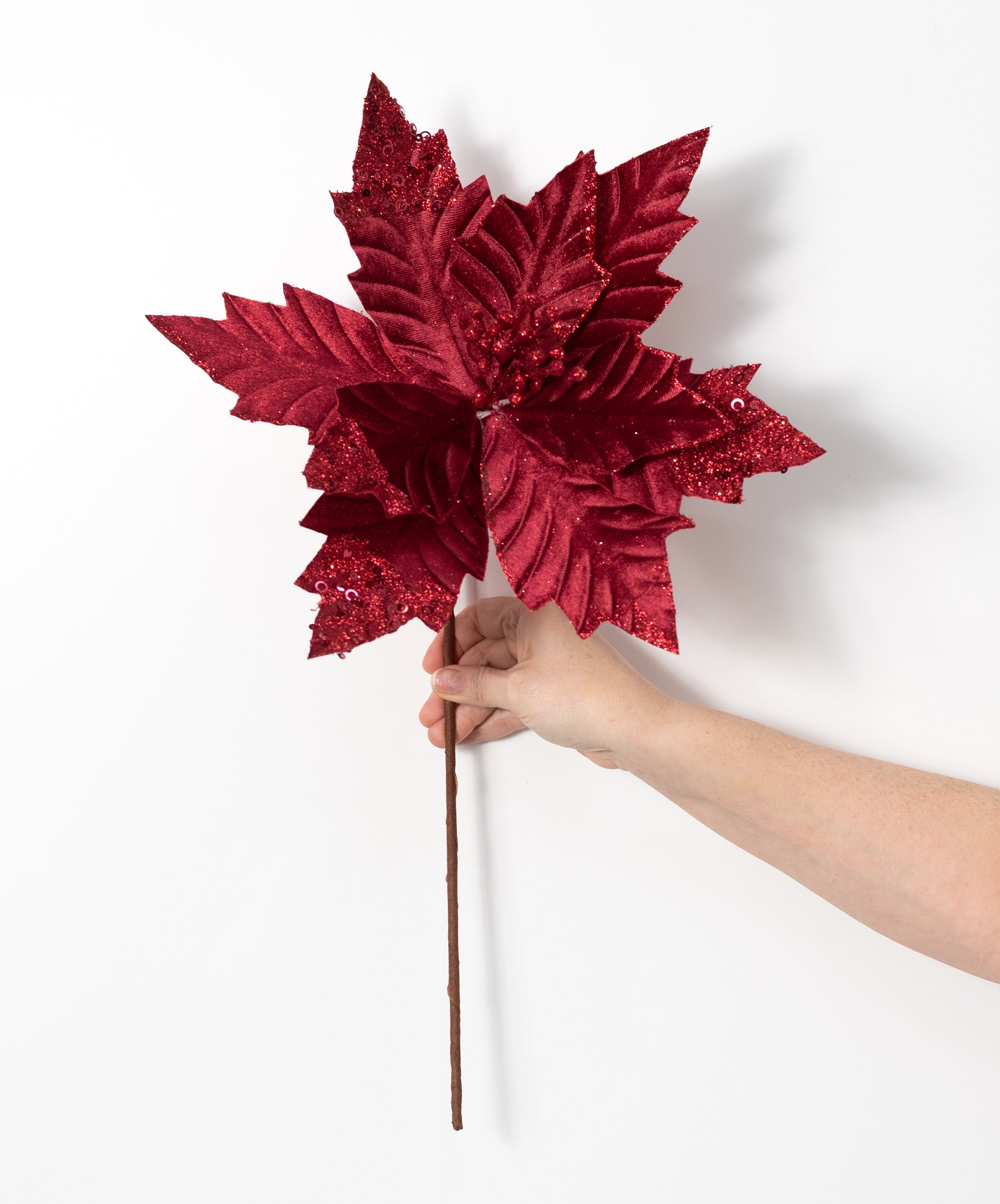 13" x 18" Velvet Sequined Poinsettia Stem: Burgundy Red