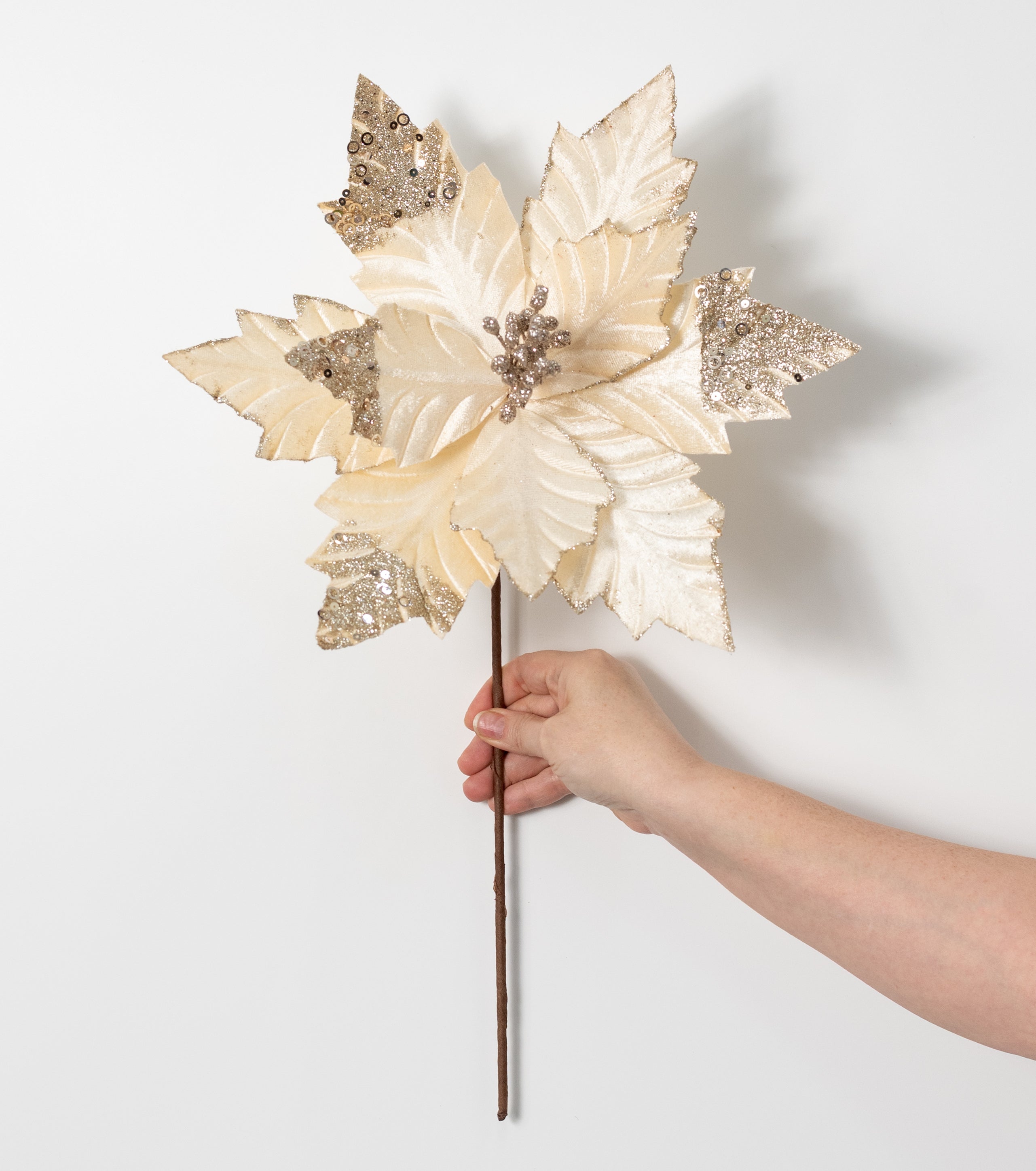 13" x 18" Velvet Sequined Poinsettia Stem: Cream Champagne