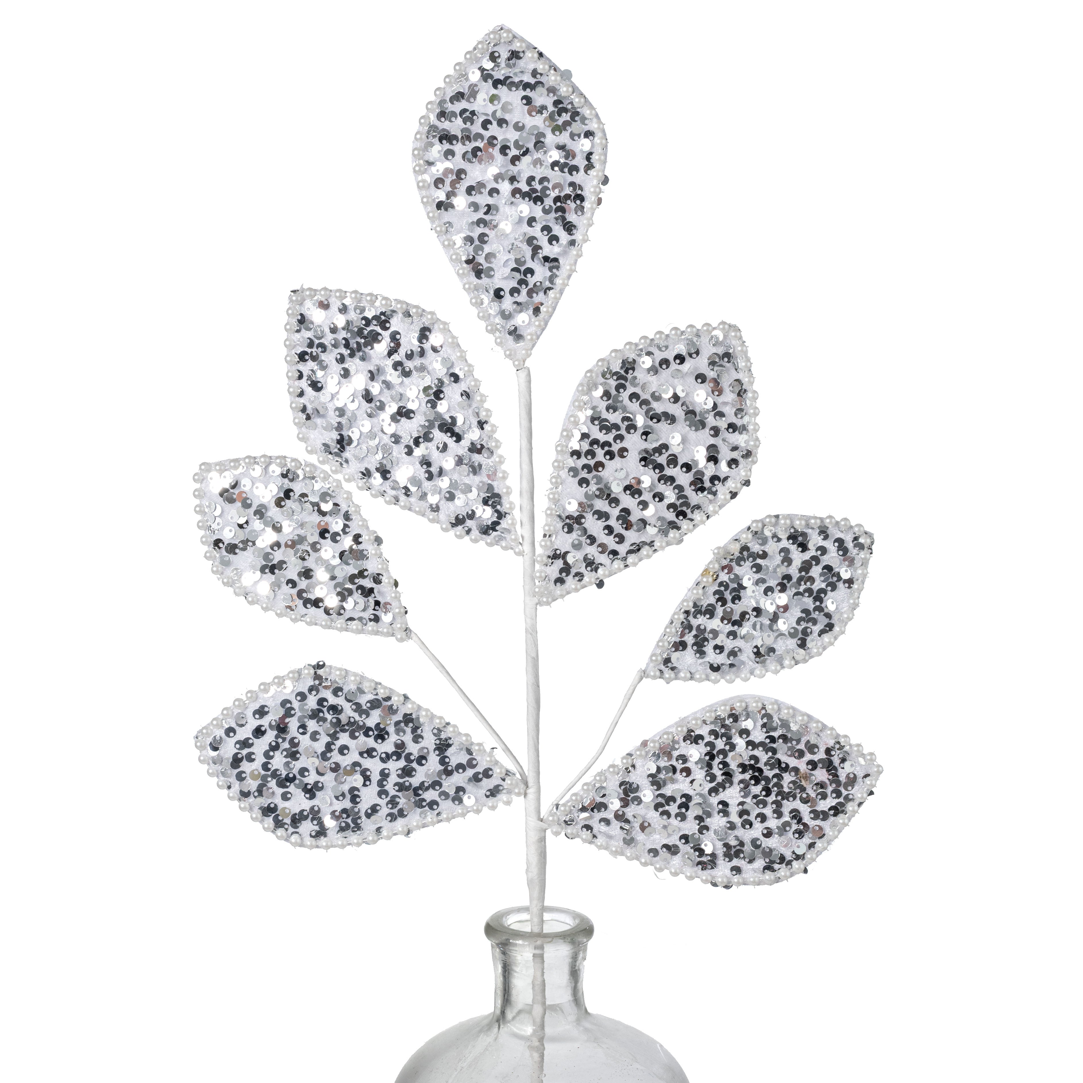 28" Pearl Trimmed Sequined Fabric Leaves Spray: White & Silver
