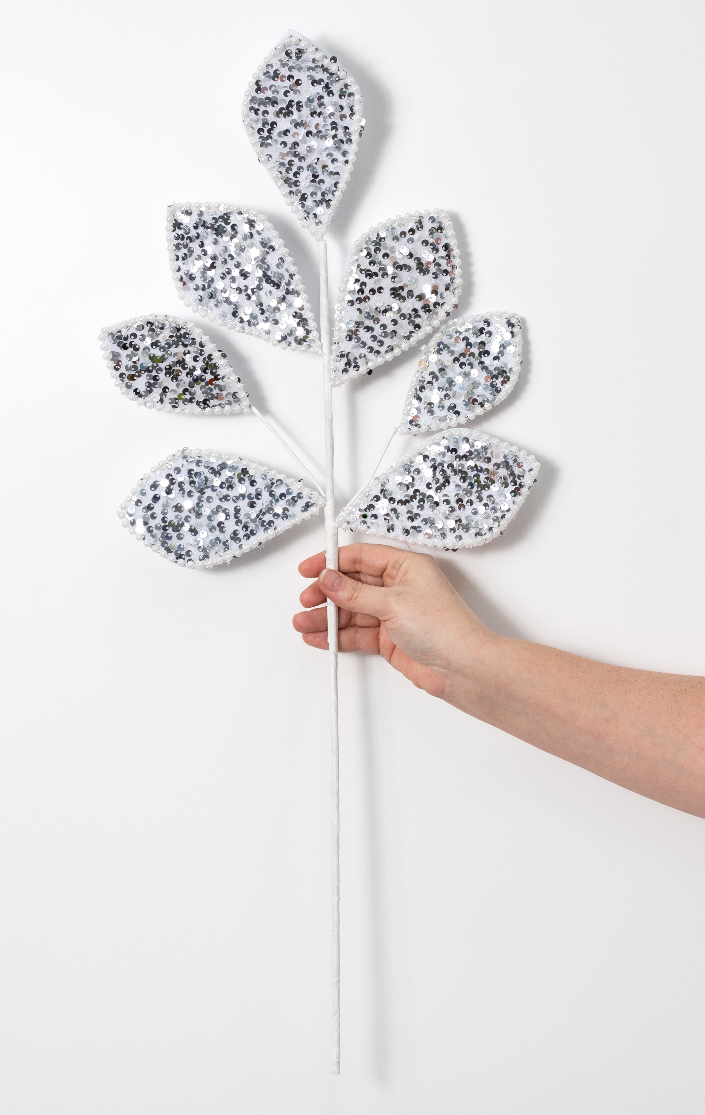 28" Pearl Trimmed Sequined Fabric Leaves Spray: White & Silver