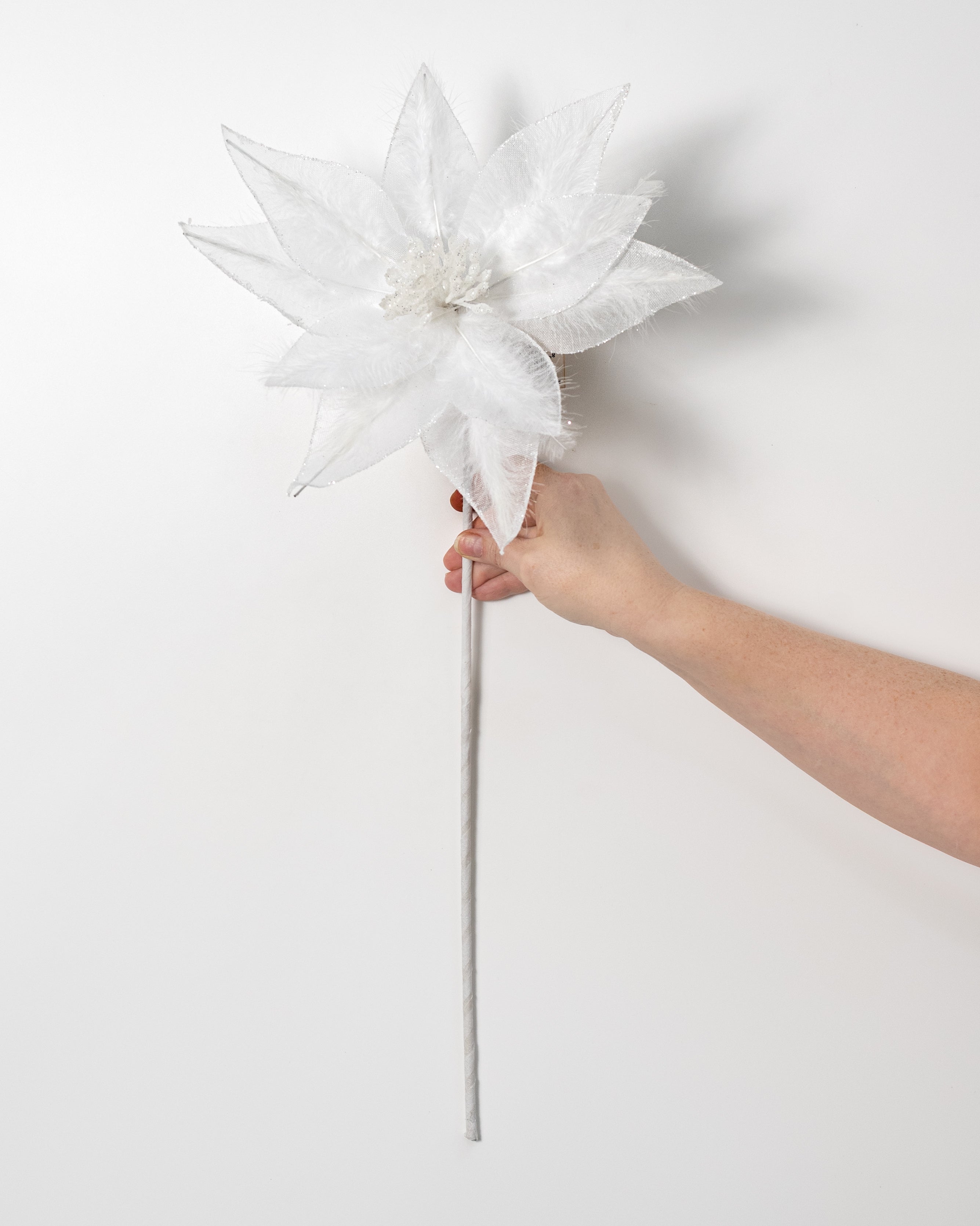 12" x 26" Feathered Tulle Poinsettia Stem: White