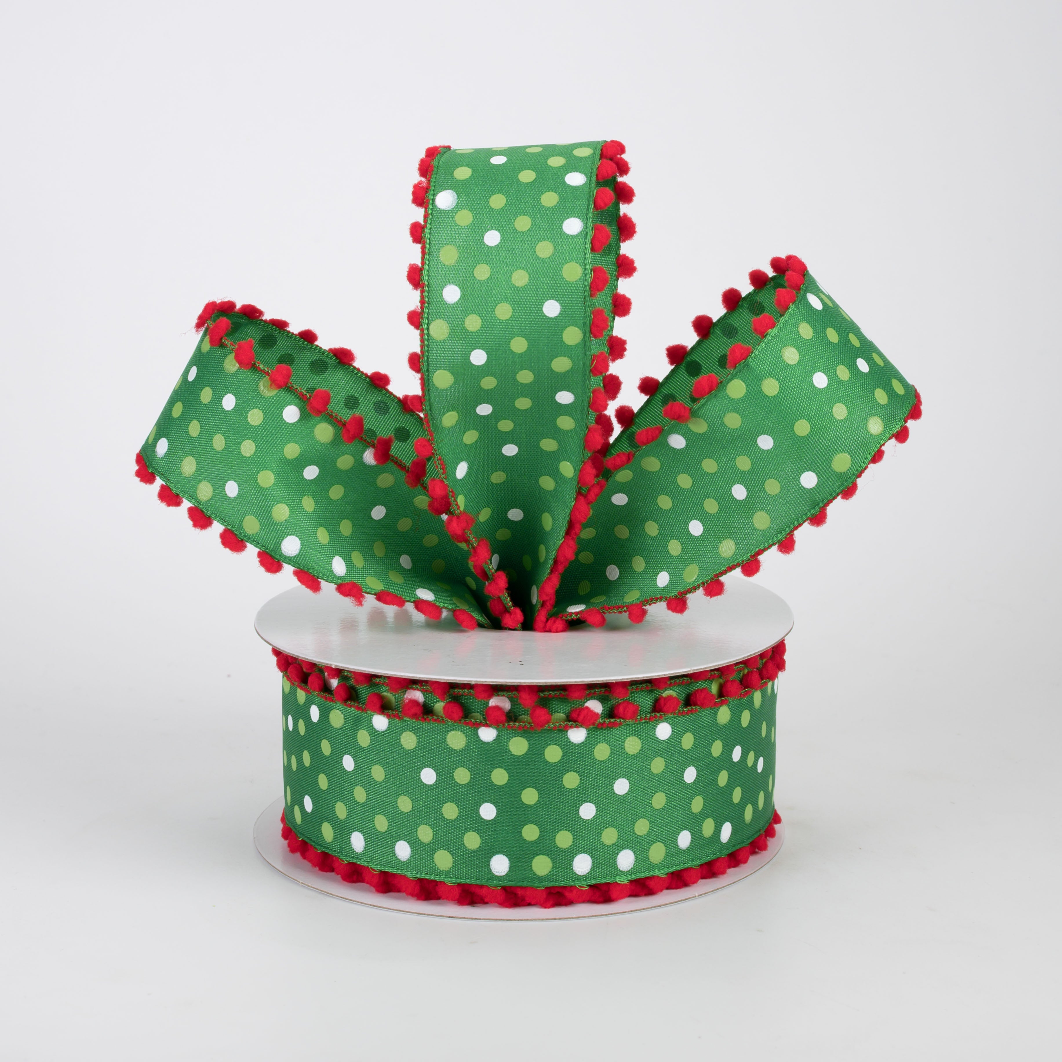 1.5" Ball Edge Dots Ribbon: Emerald, Lime, White & Red (10 Yards)