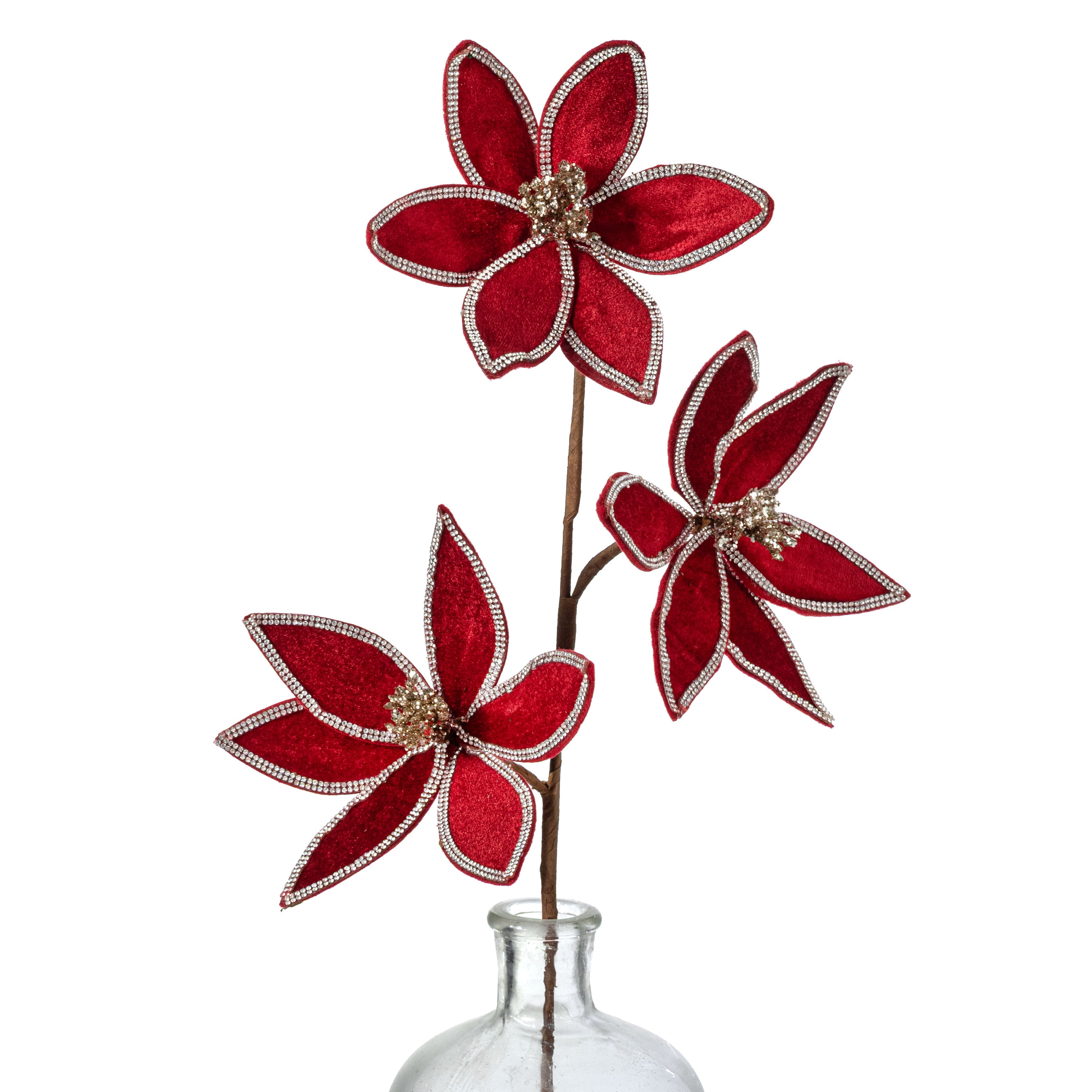 23" Rhinestone Jewel Trim Velvet Flower Spray: Red & Champagne