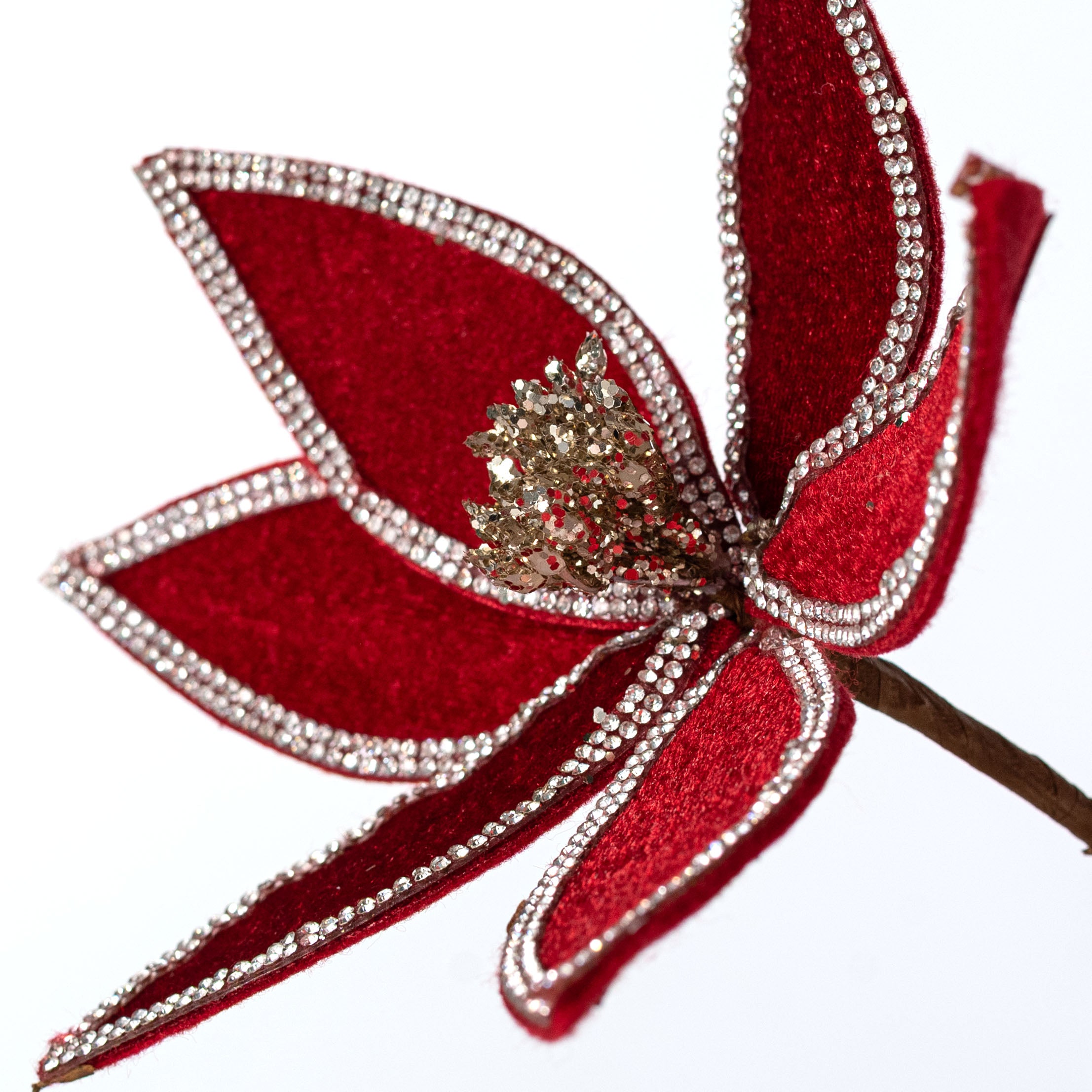 23" Rhinestone Jewel Trim Velvet Flower Spray: Red & Champagne