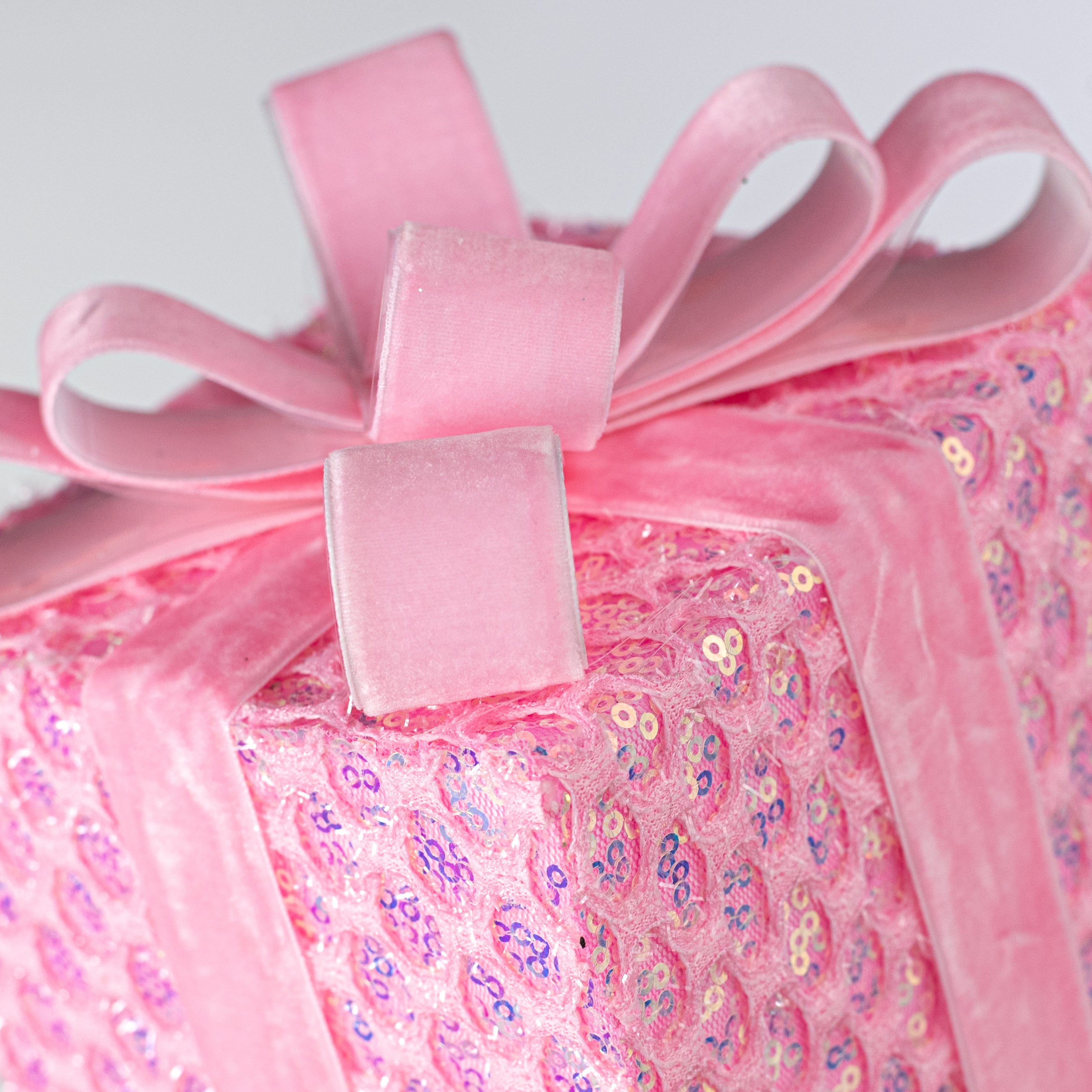 6.75" Mesh Sequin Gift Box Decor: Iridescent Pink