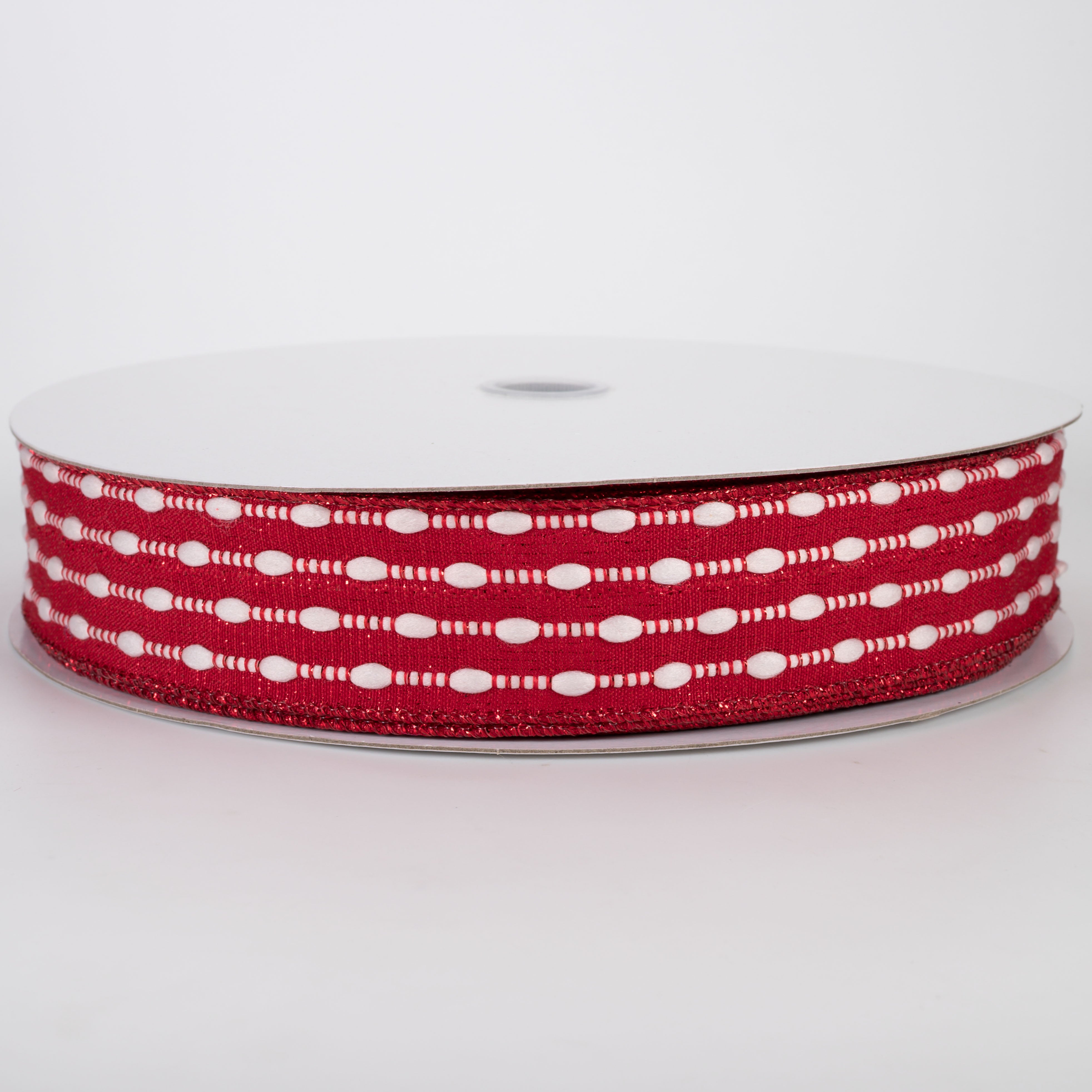1.5" White Snowball Weave Ribbon: Red Metallic (50 Yards)
