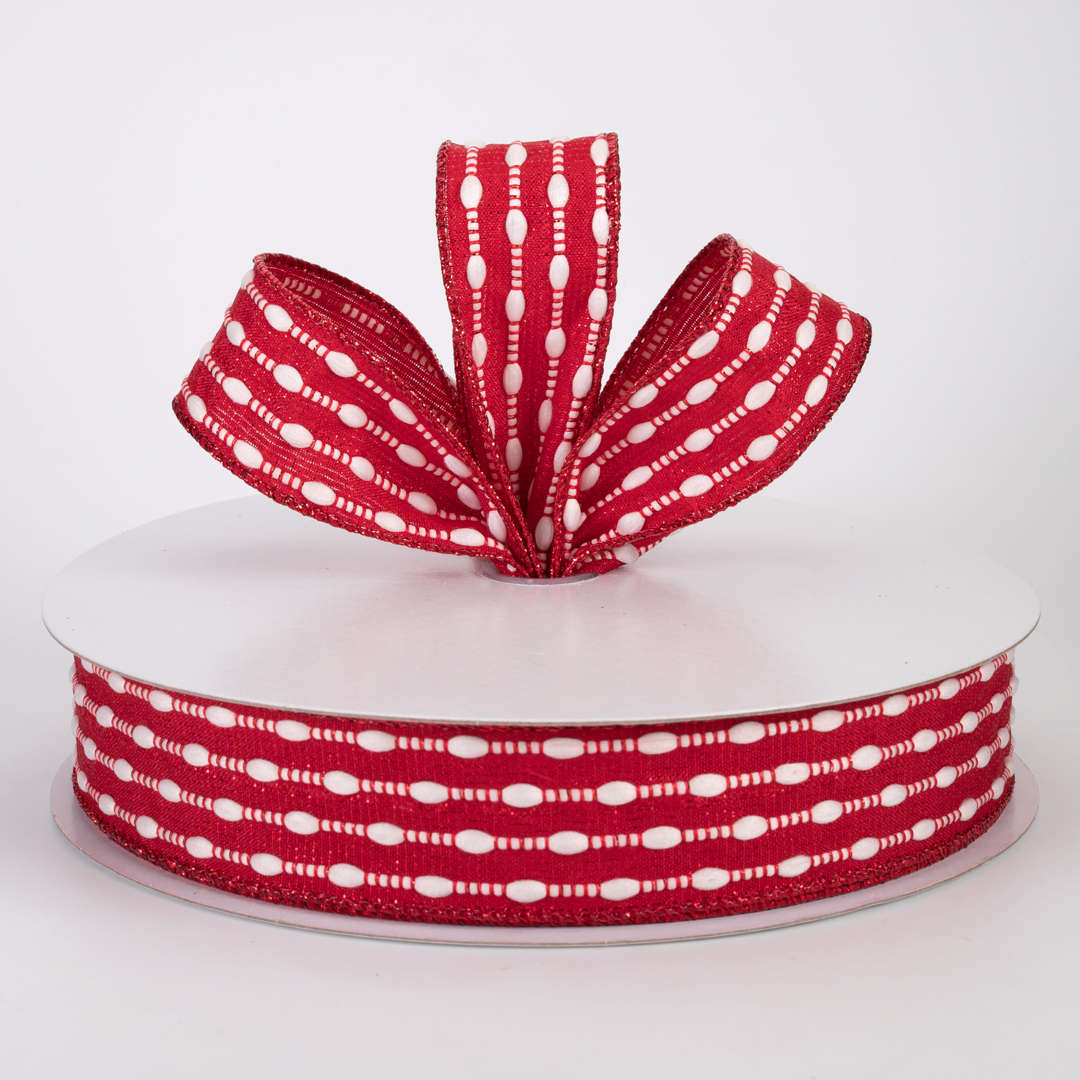 1.5" White Snowball Weave Ribbon: Red Metallic (50 Yards)