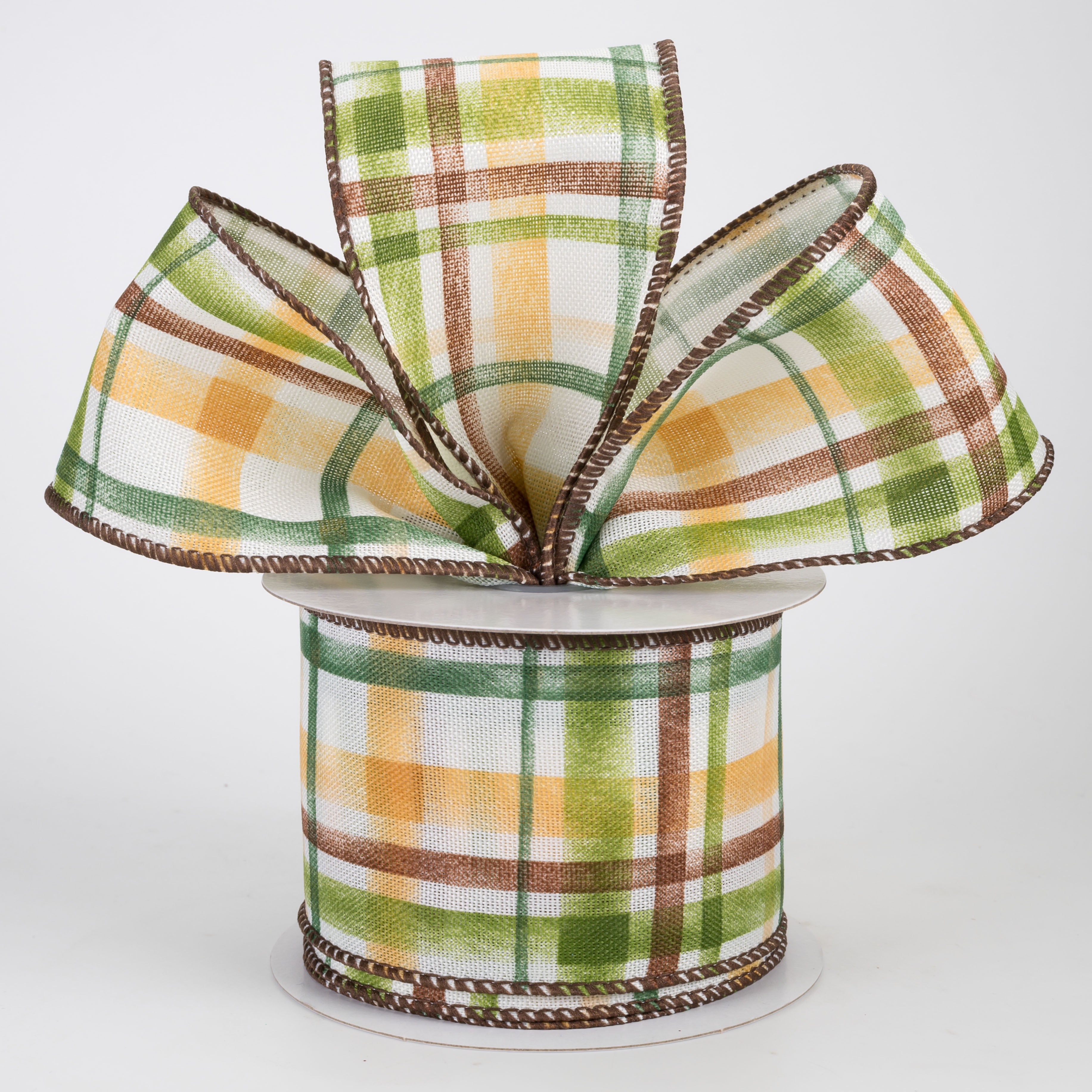2.5" Linen Tuttola Plaid Ribbon: Moss, Brown & Mustard (10 Yards)