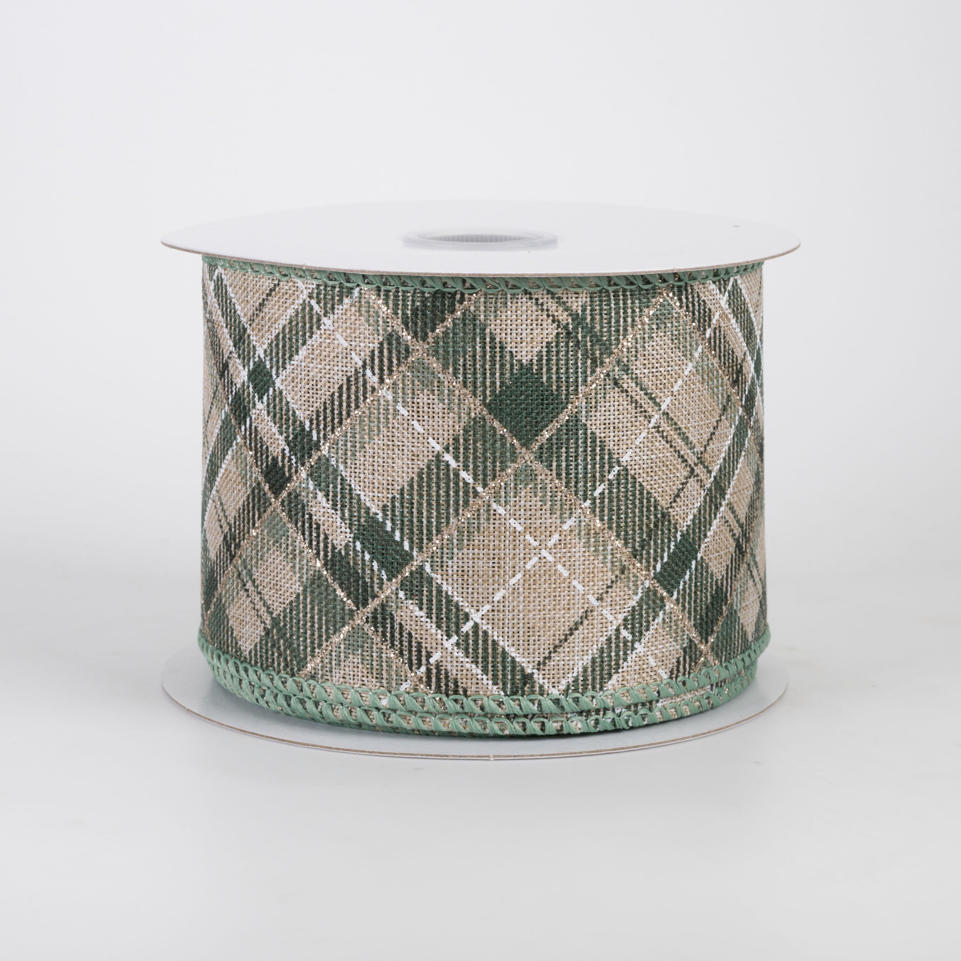 2.5" Linen Argyle Plaid Ribbon: Sage, Champagne & Hunter on Natural (10 Yards)