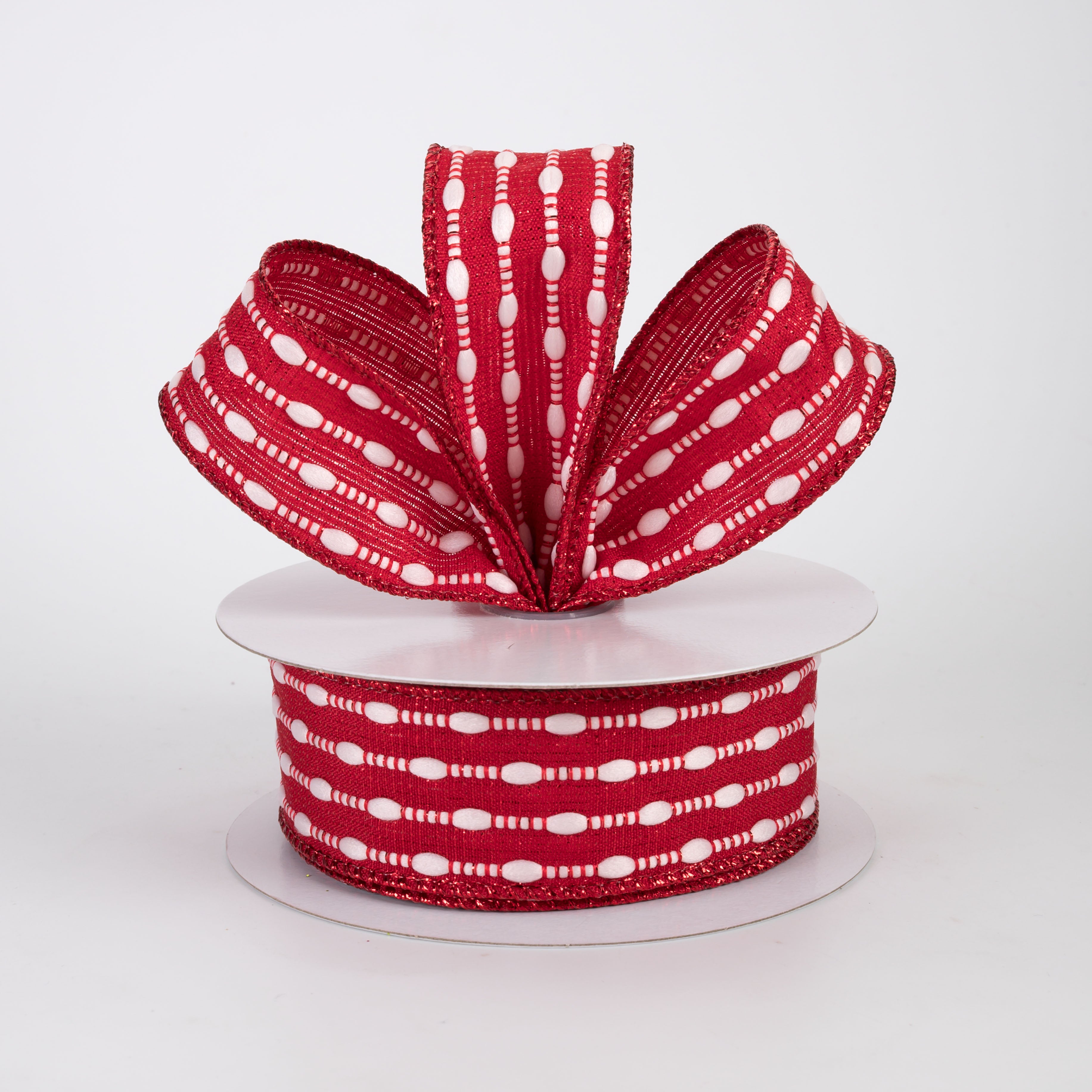 1.5" White Snowball Weave Ribbon: Red Metallic (10 Yards)