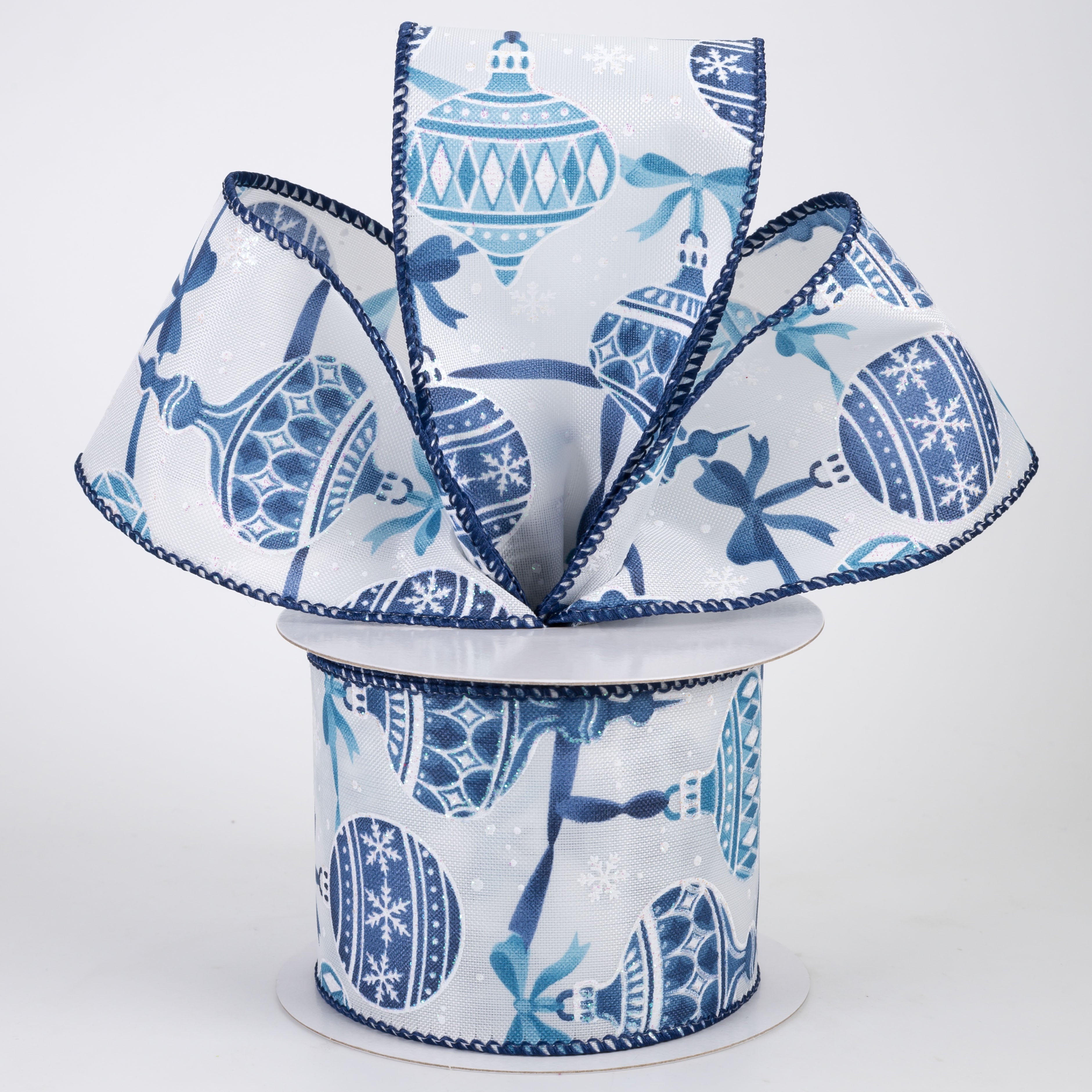 2.5" Linen Ornaments & Bows Ribbon: Blue & Navy on White (10 Yards)