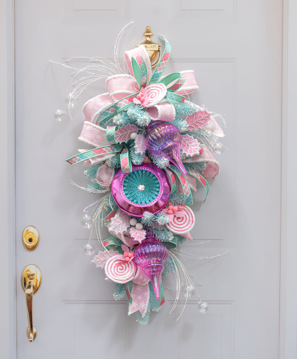 8" Glittered Disc Flat Ornament: Fuchsia Pink & Mint Blue