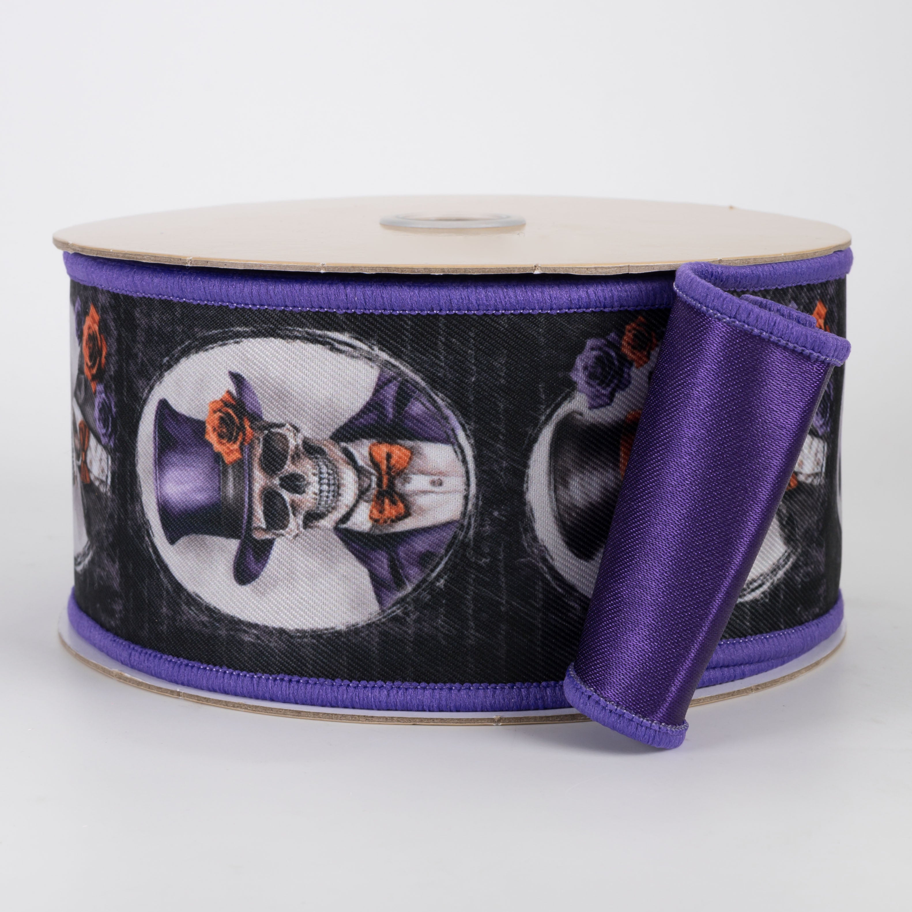 2.5" Double Sided Fused Skeleton Portraits Ribbon: Purple (10 Yards)